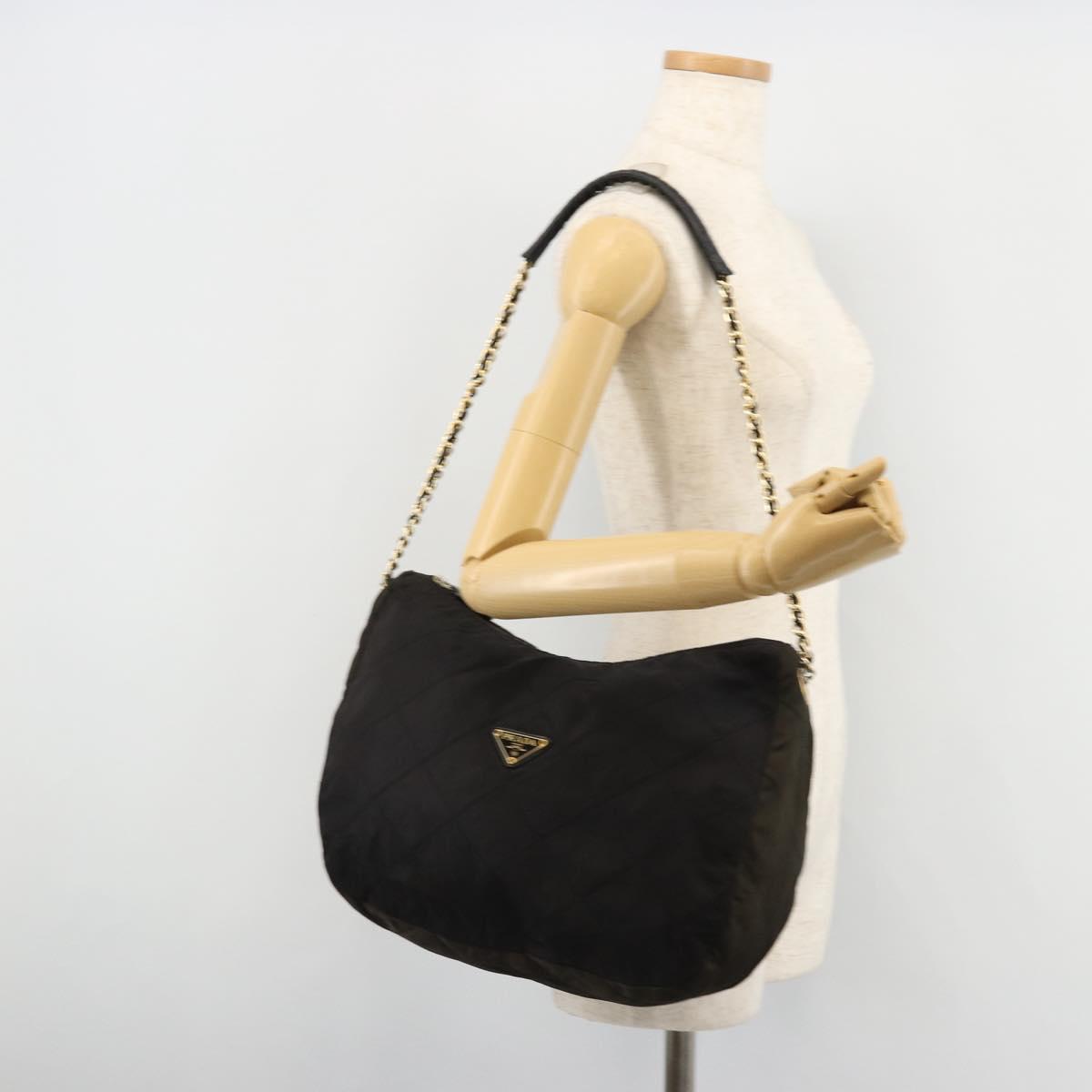 PRADA Chain Shoulder Bag Nylon Black Gold Auth bs34879A