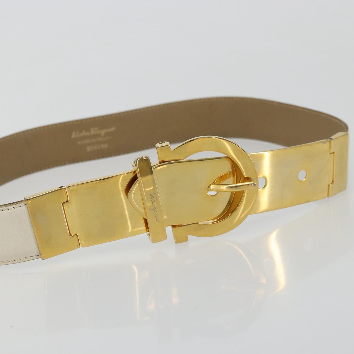 Salvatore Ferragamo Gancini Belt Leather 29.9"" White Gold Auth bs34881A