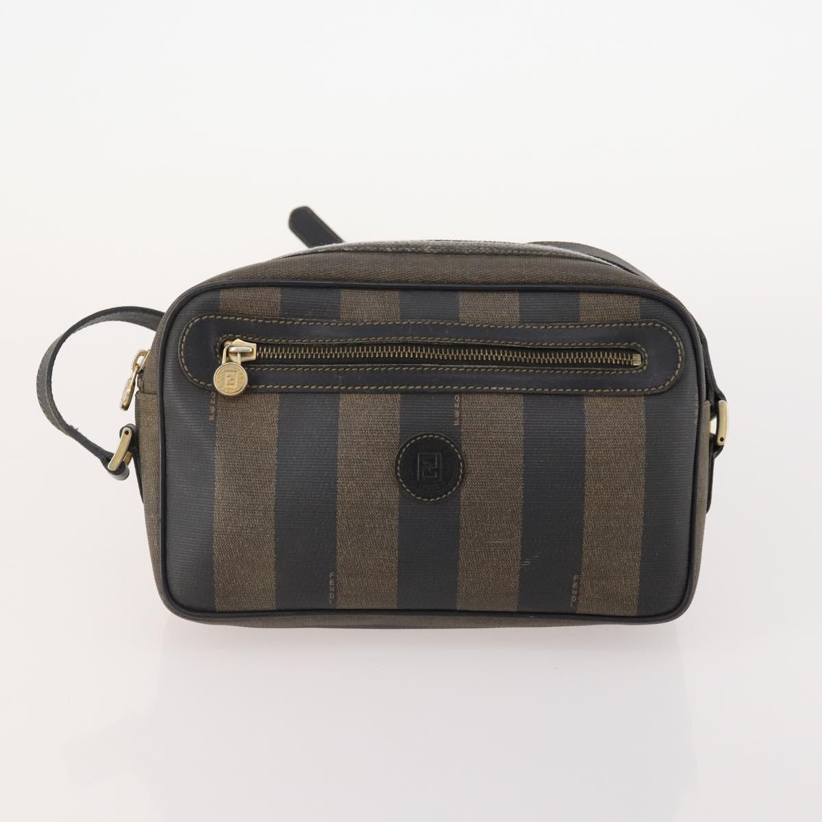 FENDI Pecan Canvas Shoulder Bag PVC 2 Set Black Brown Auth bs34895