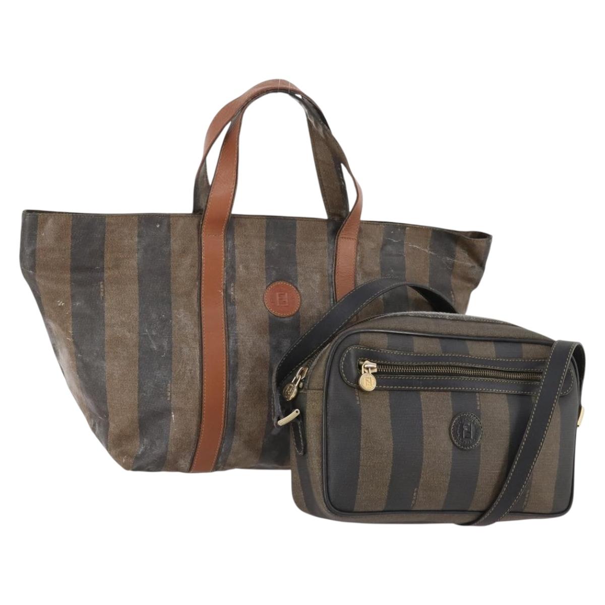 FENDI Pecan Canvas Shoulder Bag PVC 2 Set Black Brown Auth bs34895