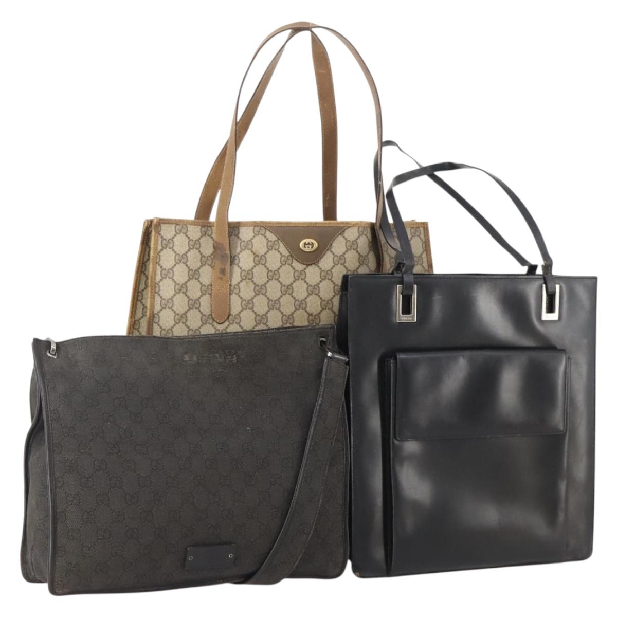 GUCCI GG Canvas GG Supreme Tote Bag Leather PVC 3 Set Black Beige Auth bs34896