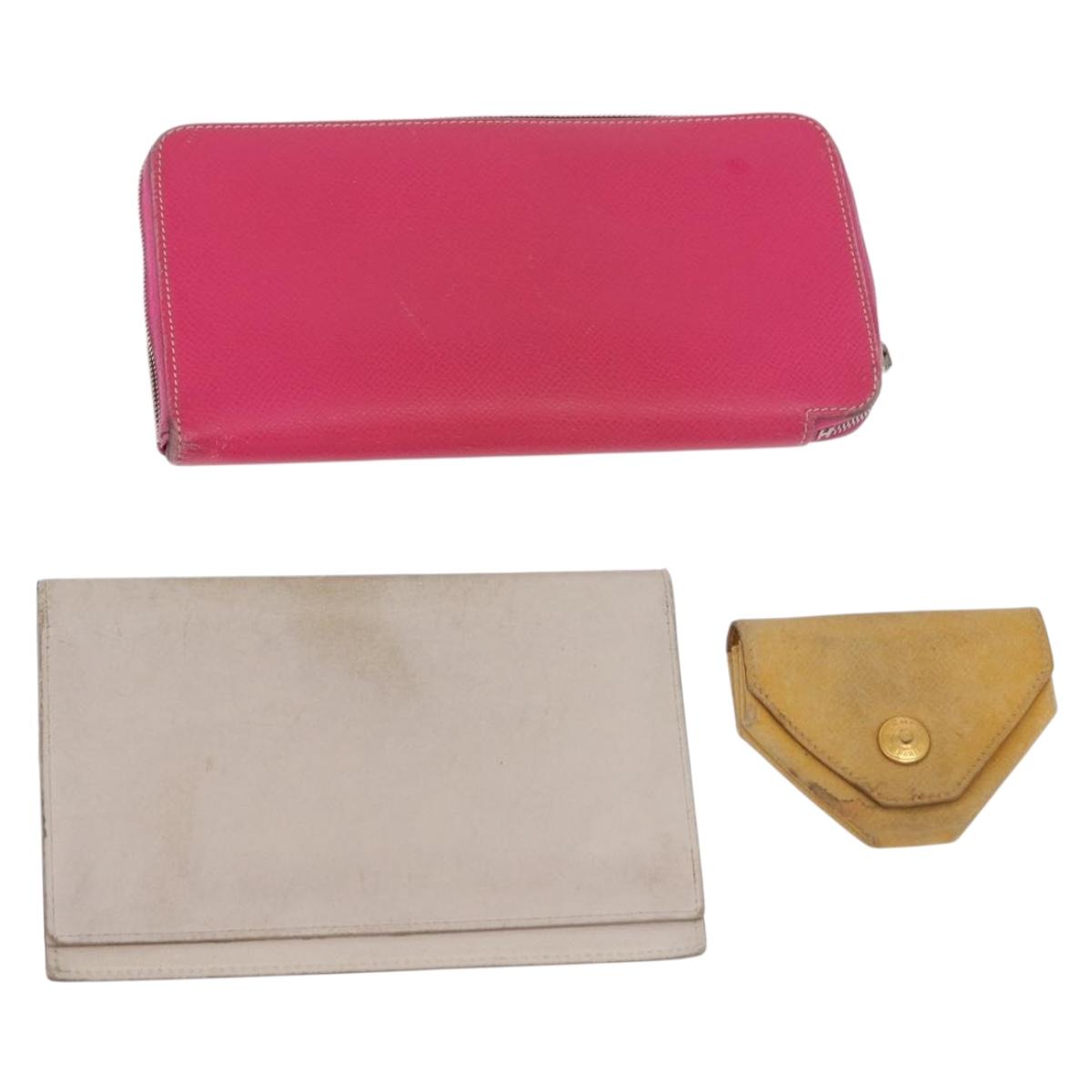 HERMES Wallet Leather 3 Set Pink Red beige Auth bs34898