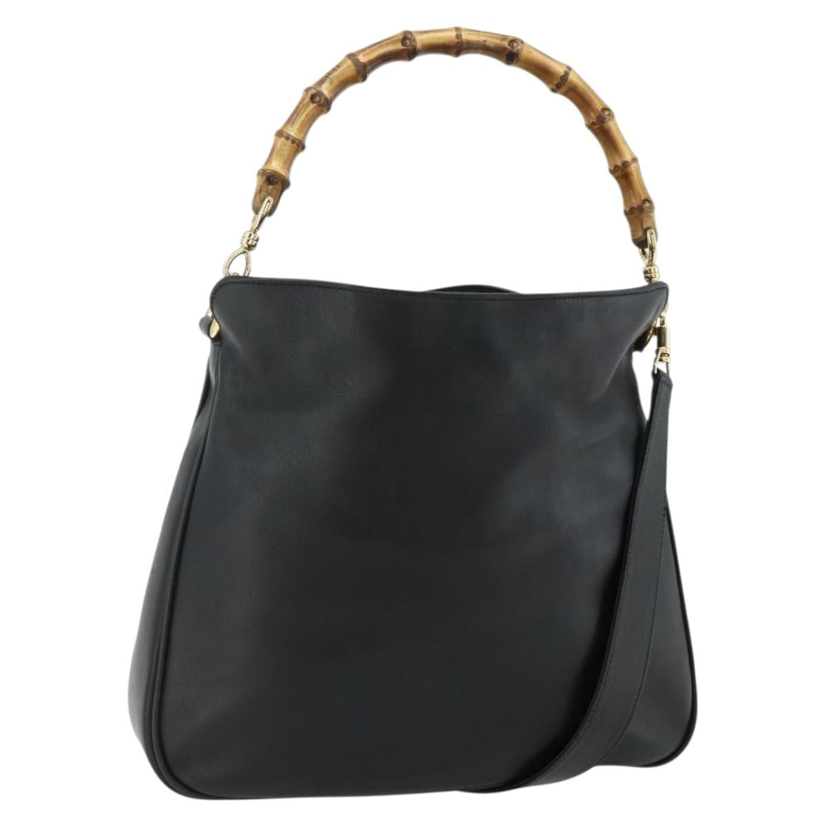 GUCCI Bamboo Shoulder Bag Leather 2way Black Gold 001 3444 1638 Auth bs34925