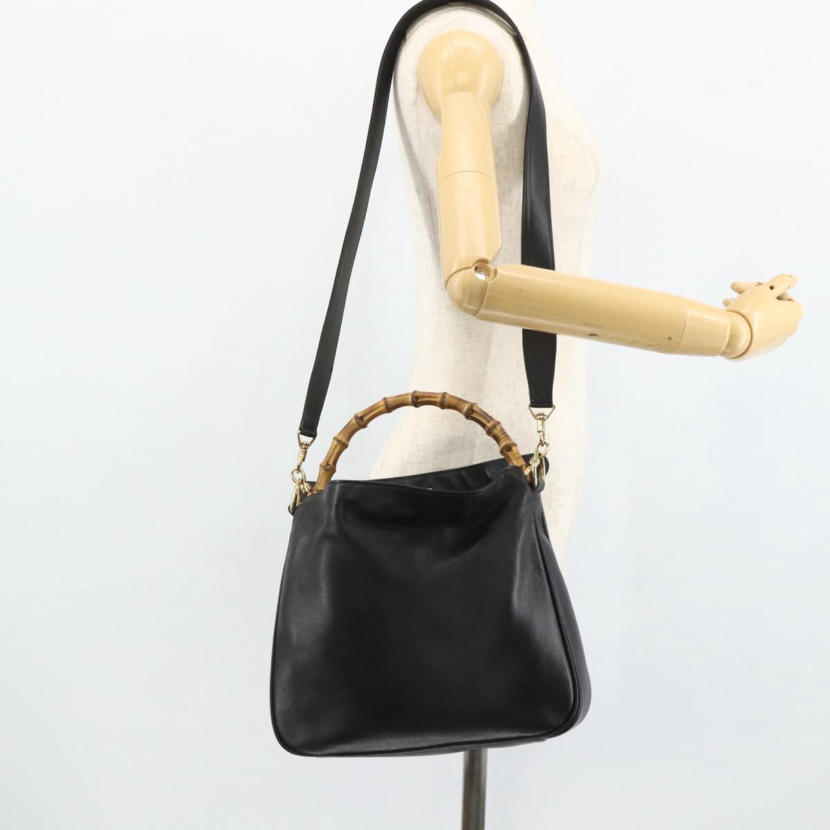 GUCCI Bamboo Shoulder Bag Leather 2way Black Gold 001 3444 1638 Auth bs34925