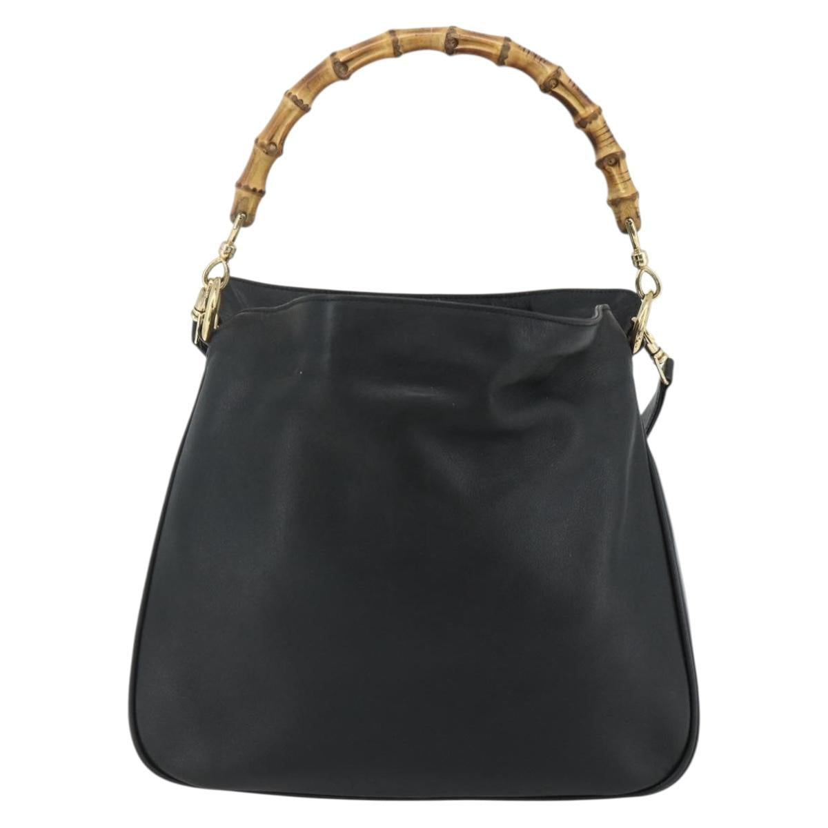 GUCCI Bamboo Shoulder Bag Leather 2way Black Gold 001 3444 1638 Auth bs34925