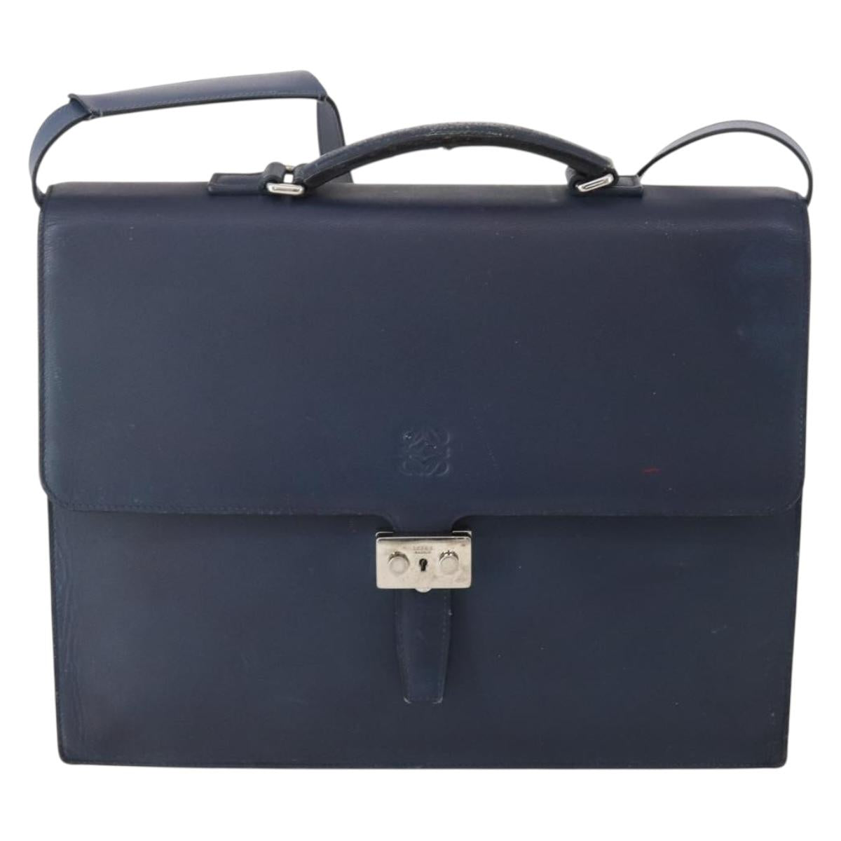 LOEWE Anagram Business Bag Leather 2way Navy Silver Auth bs34926
