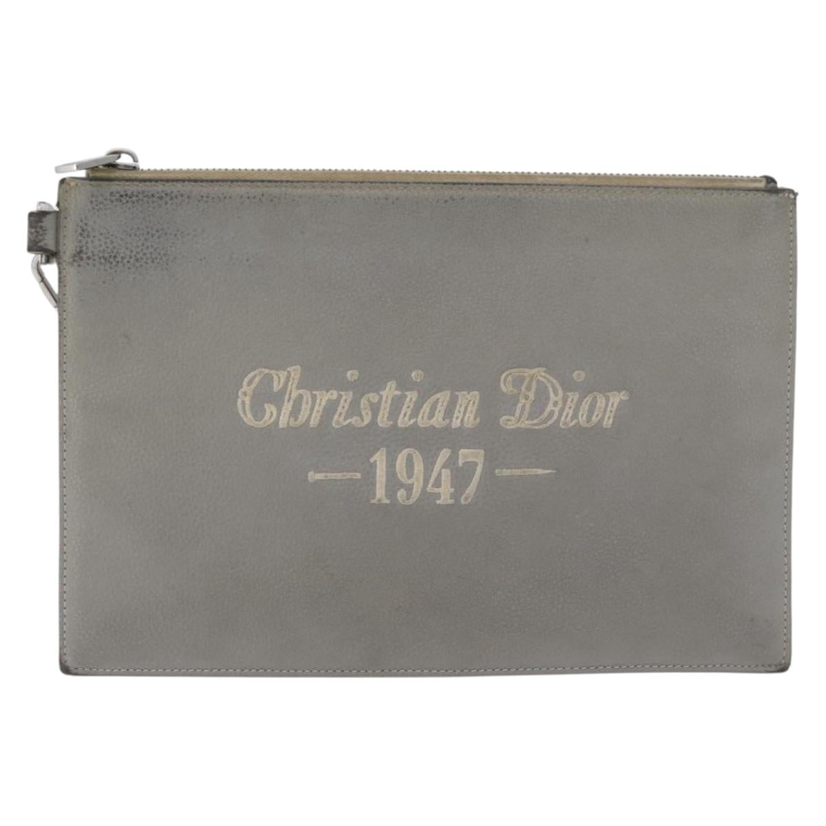 Christian Dior Clutch Bag Leather Gray Silver Auth bs34937