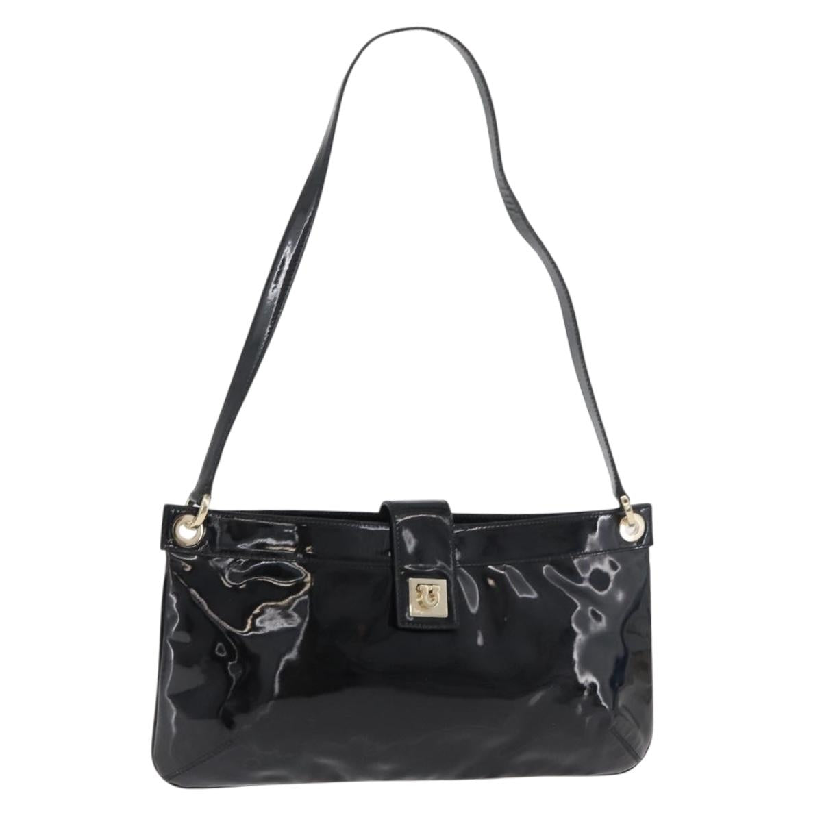 Salvatore Ferragamo Gancini Shoulder Bag Patent leather Black Gold Auth bs34939