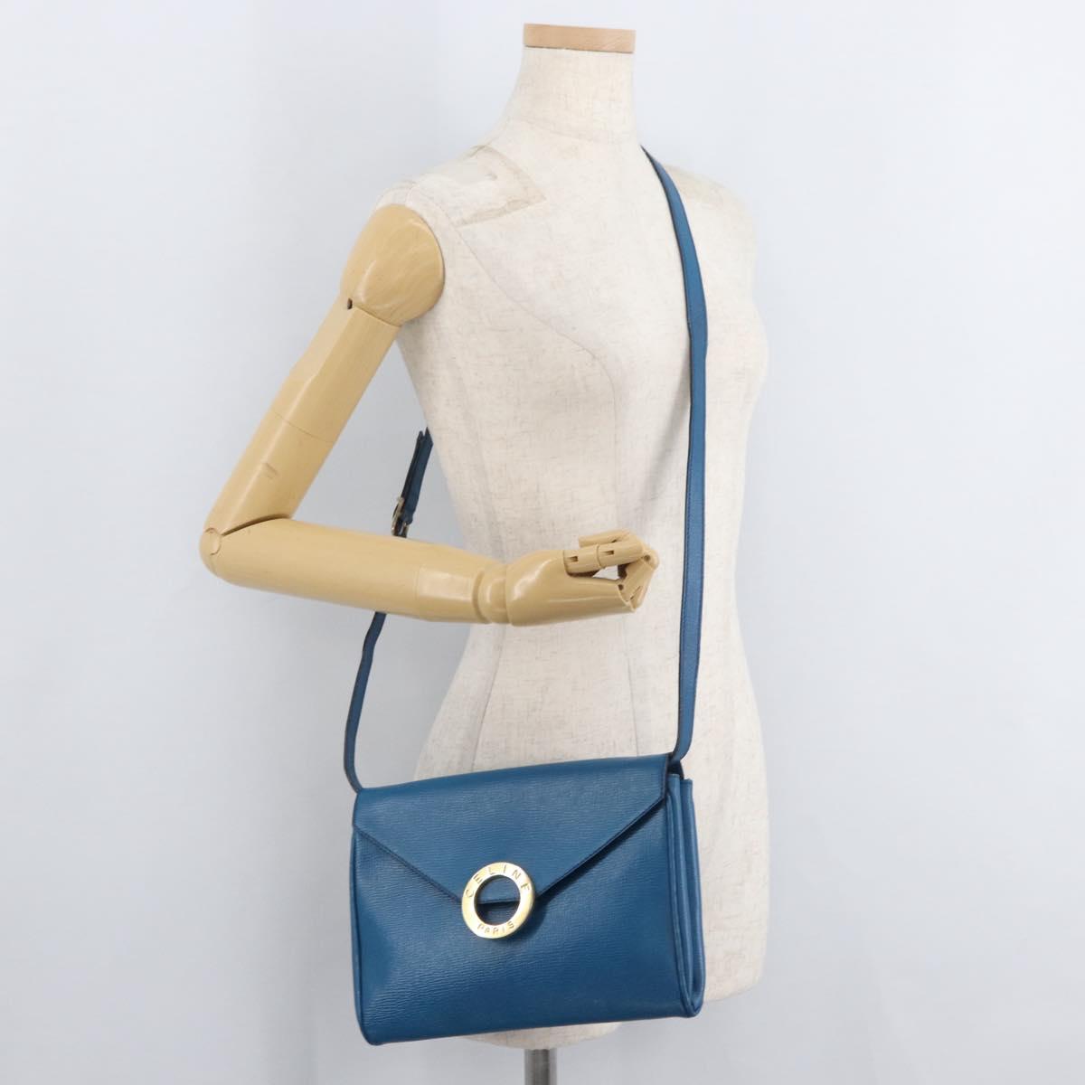 CELINE Circle Shoulder Bag Leather Blue Gold Auth bs34941