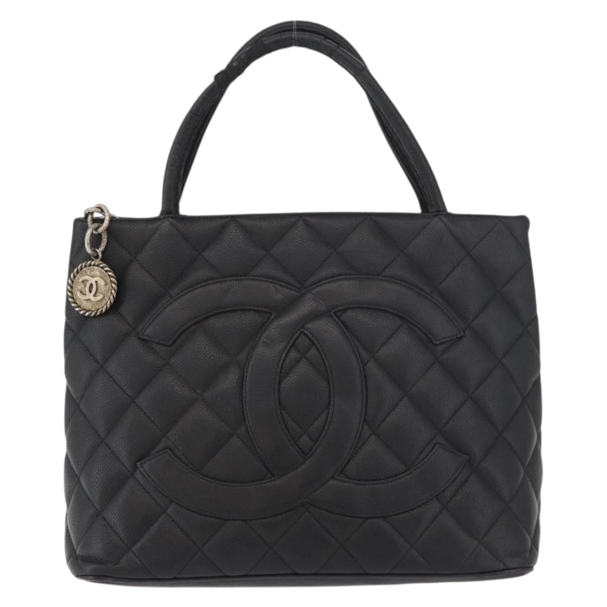 CHANEL Standard Tote Bag Caviar Skin Black Silver CC Auth bs34946