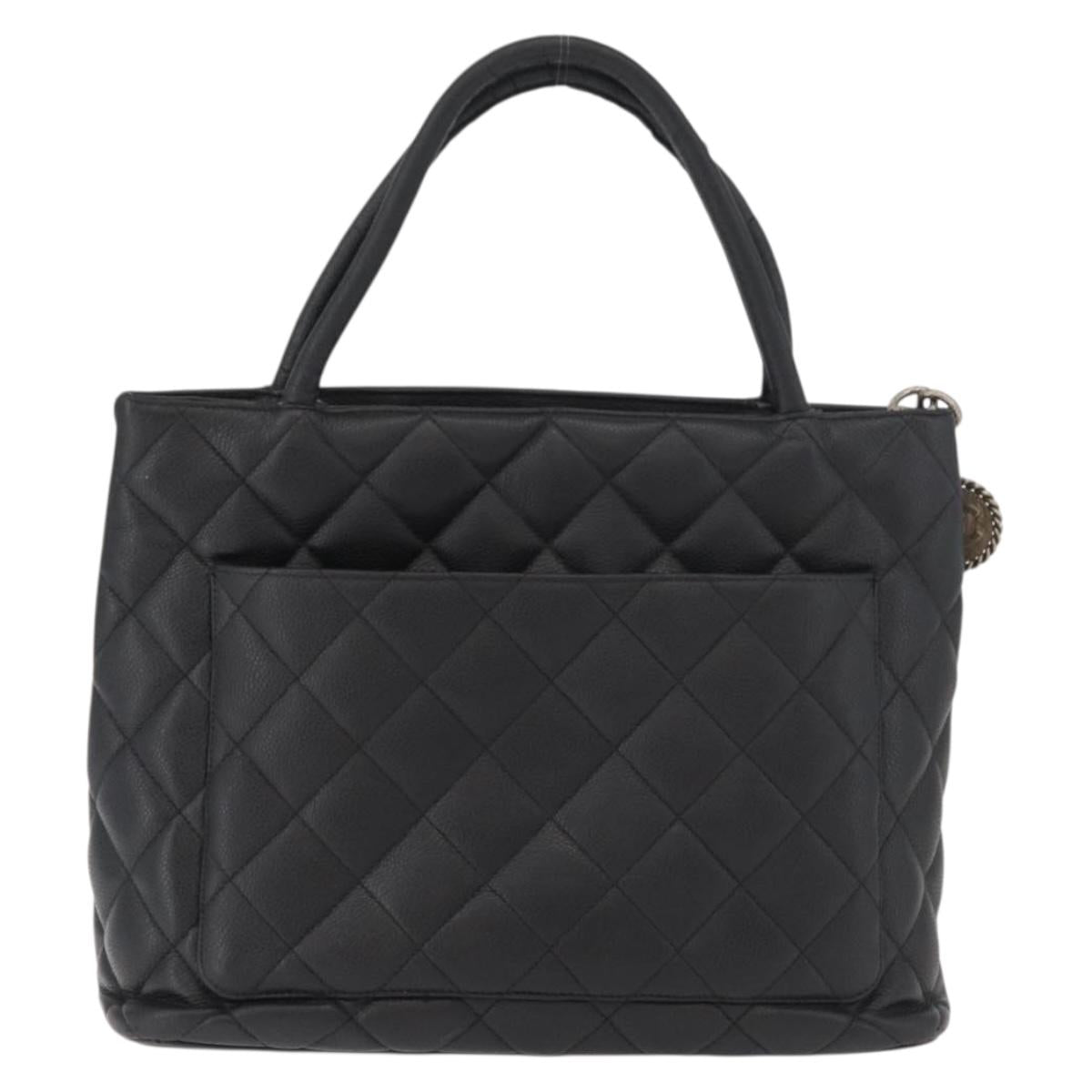 CHANEL Standard Tote Bag Caviar Skin Black Silver CC Auth bs34946