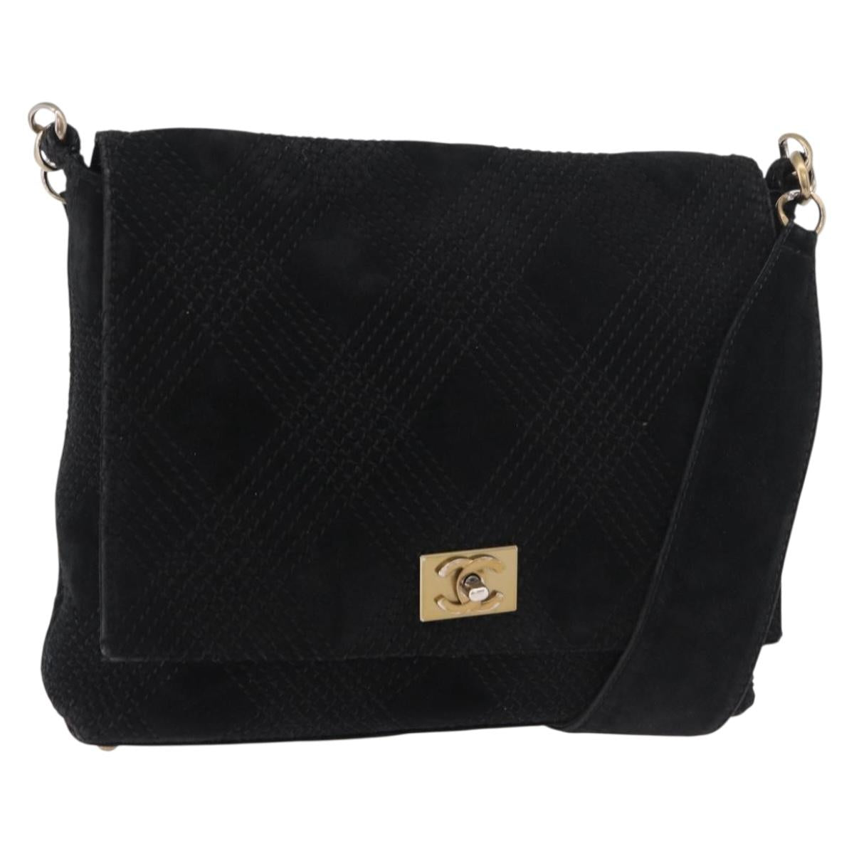 CHANEL Wild Stitch Chain Shoulder Bag Suede Black Gold CC Auth bs34950A