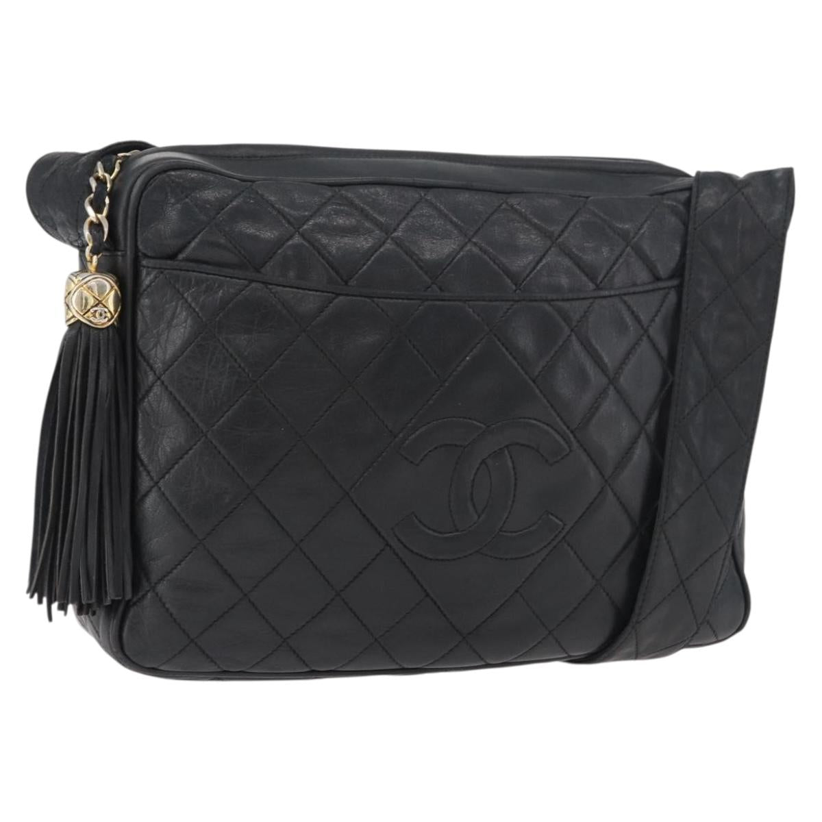 CHANEL Matelasse Shoulder Bag Lamb Skin Black Gold CC Auth bs34951A