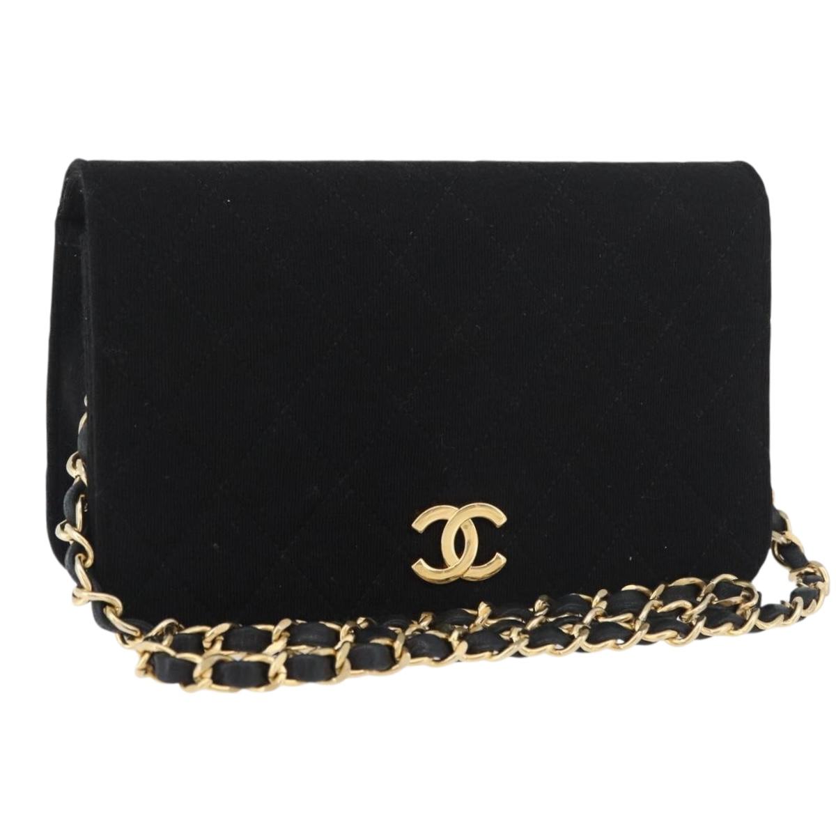 CHANEL Matelasse Chain Shoulder Bag cotton Black Gold CC Auth bs34952A