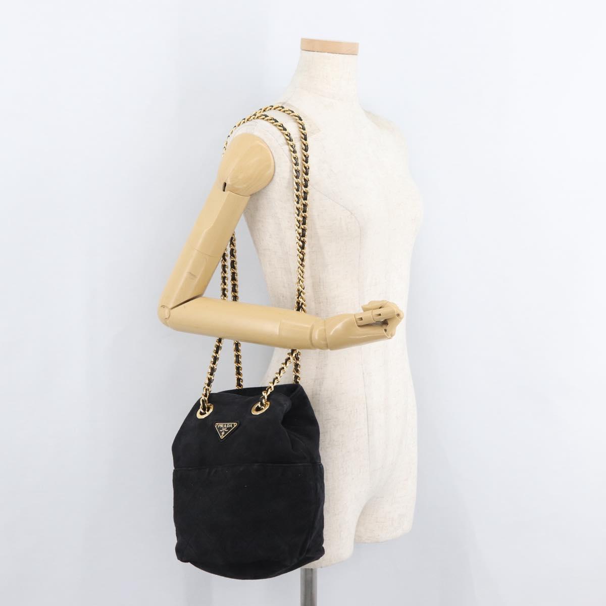 PRADA Chain Shoulder Bag Suede Black Gold Auth bs34965