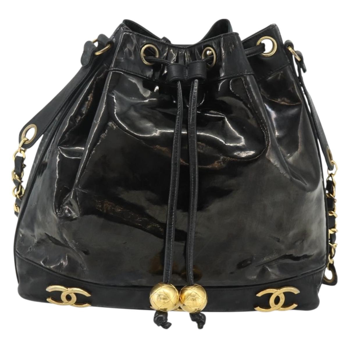 CHANEL Purse Chain Shoulder Bag Patent leather Black Gold CC Auth bs34966