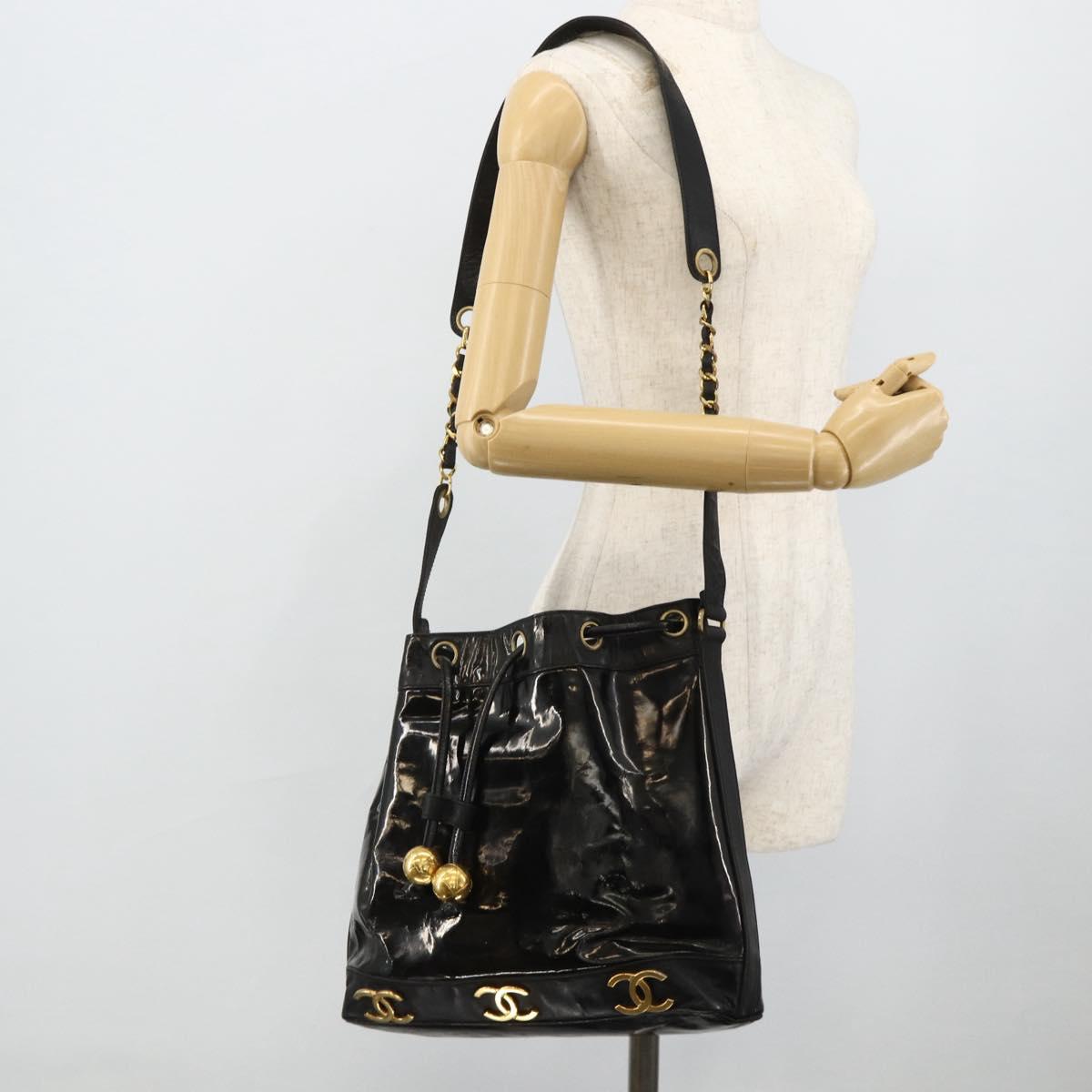 CHANEL Purse Chain Shoulder Bag Patent leather Black Gold CC Auth bs34966