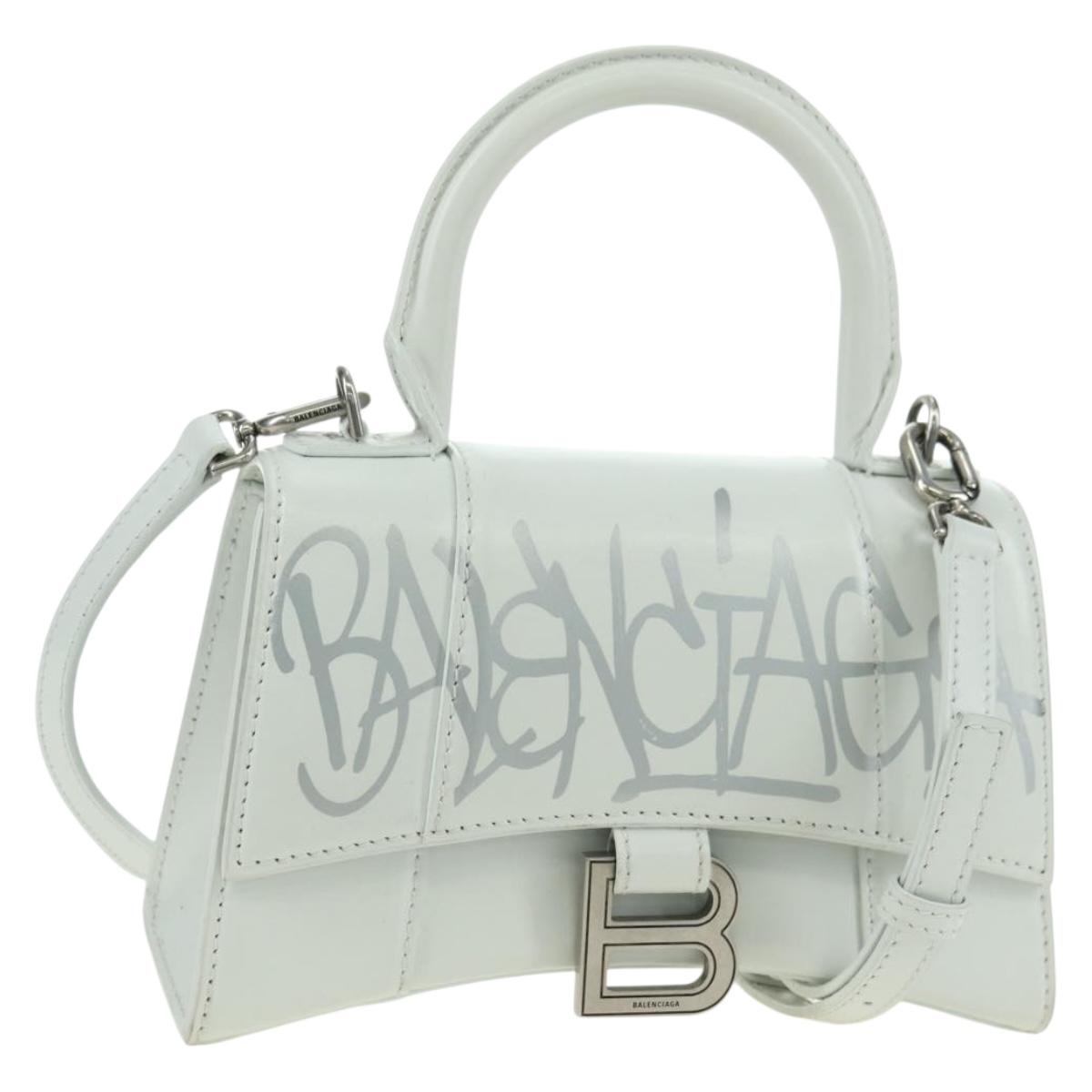 BALENCIAGA Hour Glass Hand Bag Leather 2way White Silver 592833 Auth bs34969M