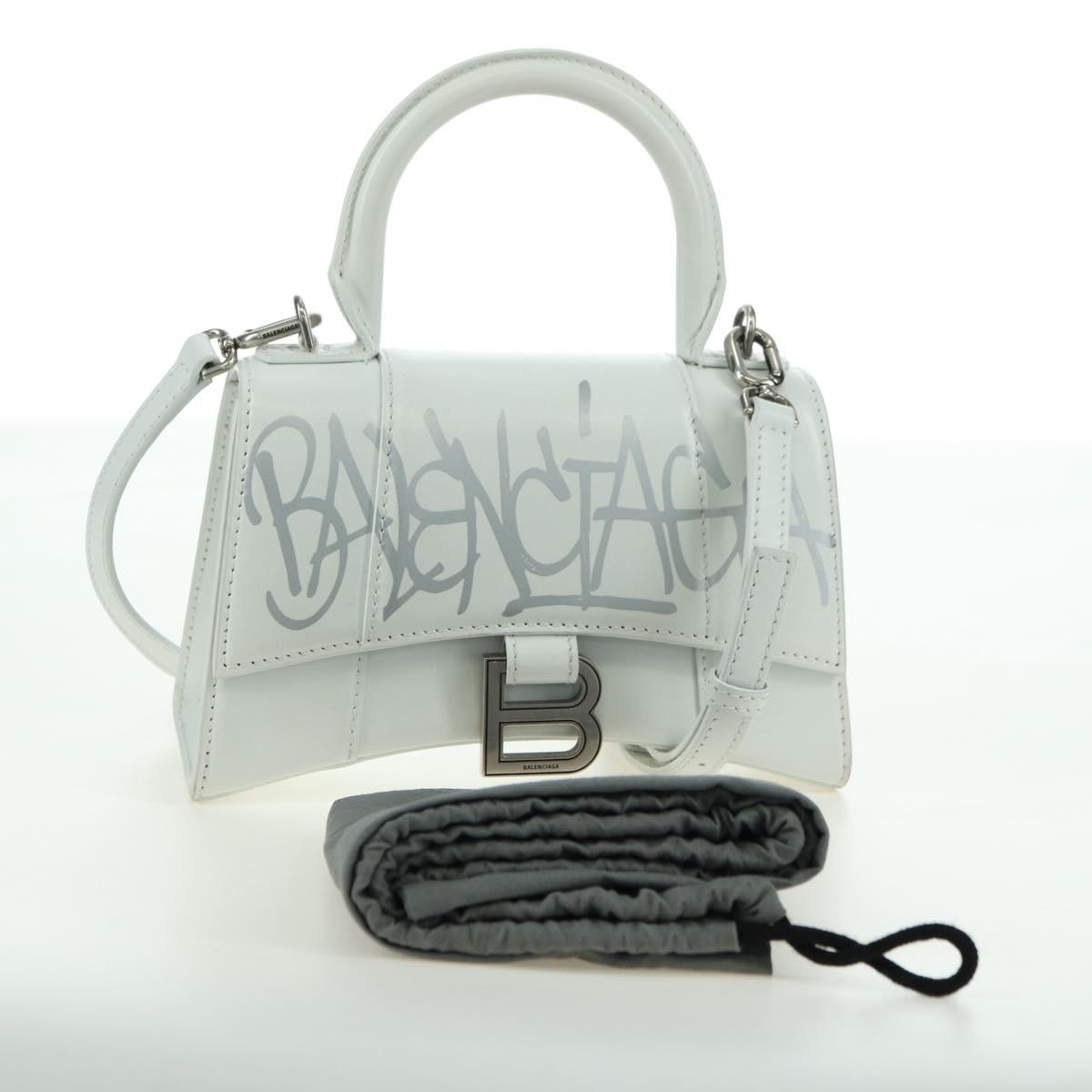 BALENCIAGA Hour Glass Hand Bag Leather 2way White Silver 592833 Auth bs34969M