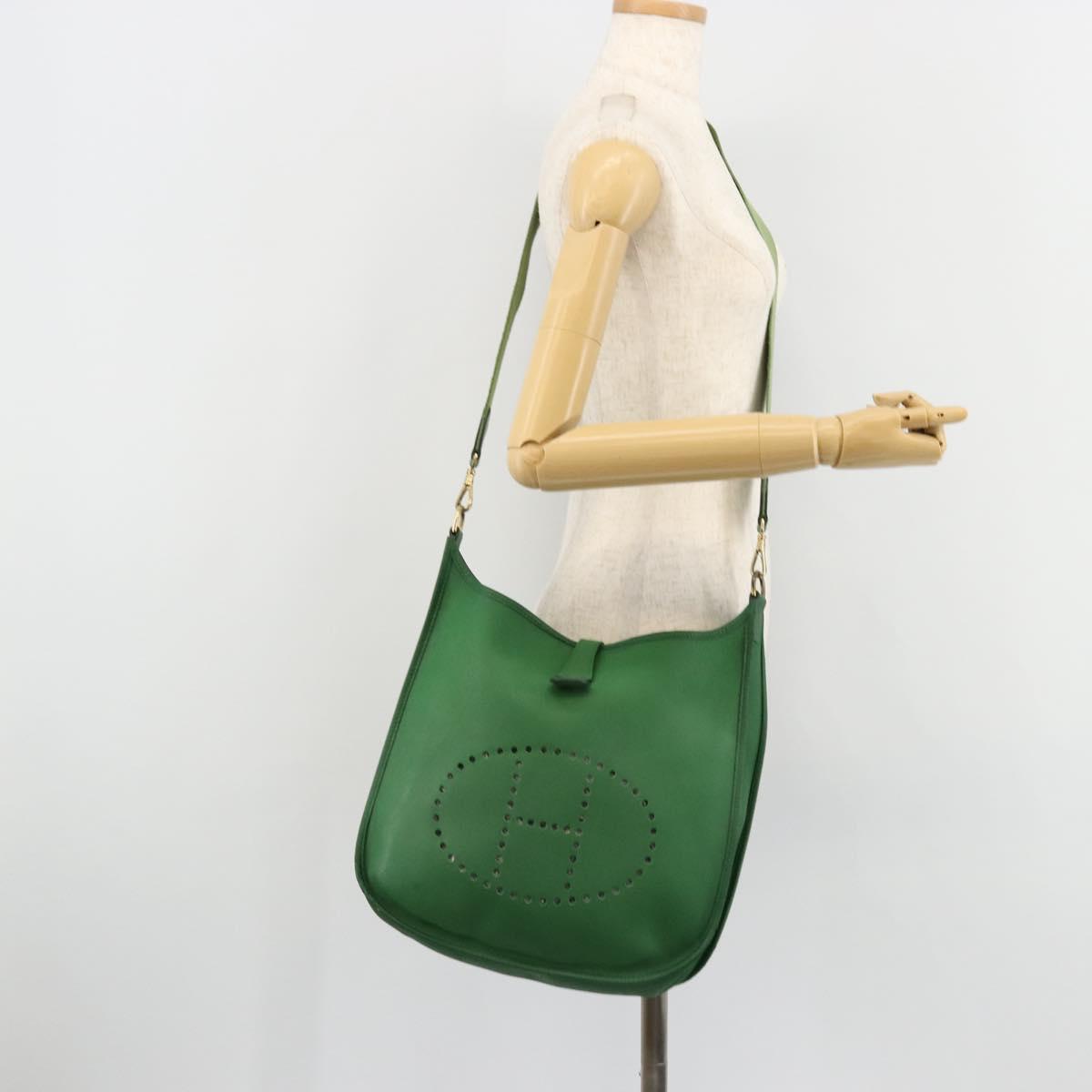 HERMES Evelyn GM Shoulder Bag Leather Green Gold Auth bs34987A