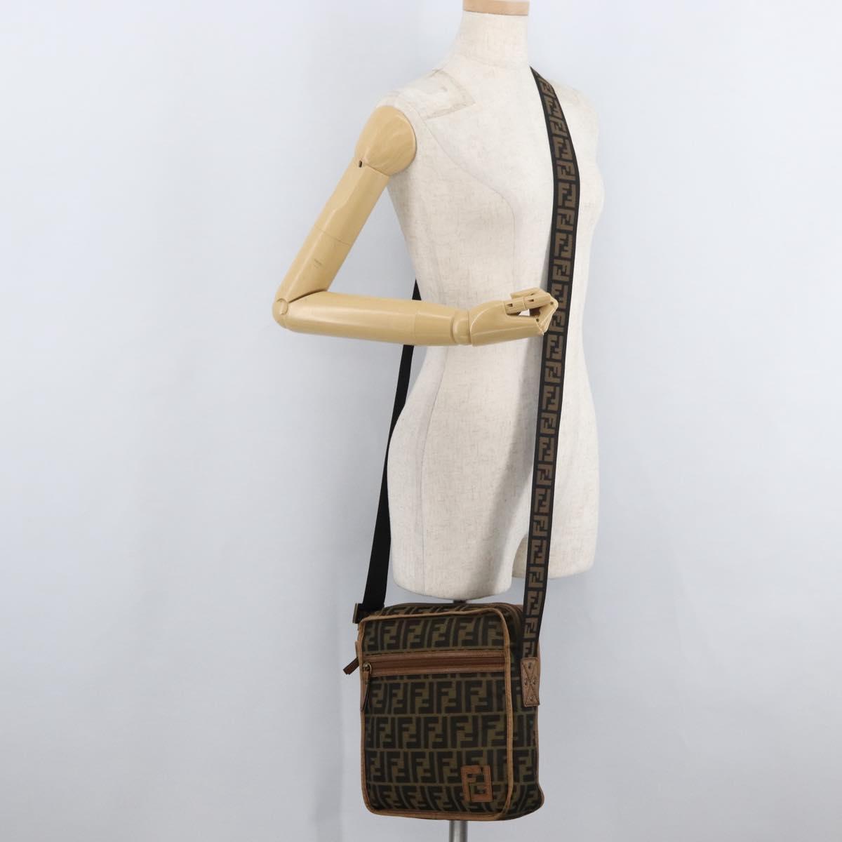FENDI Zucca Canvas Shoulder Bag Brown Black Auth bs35004