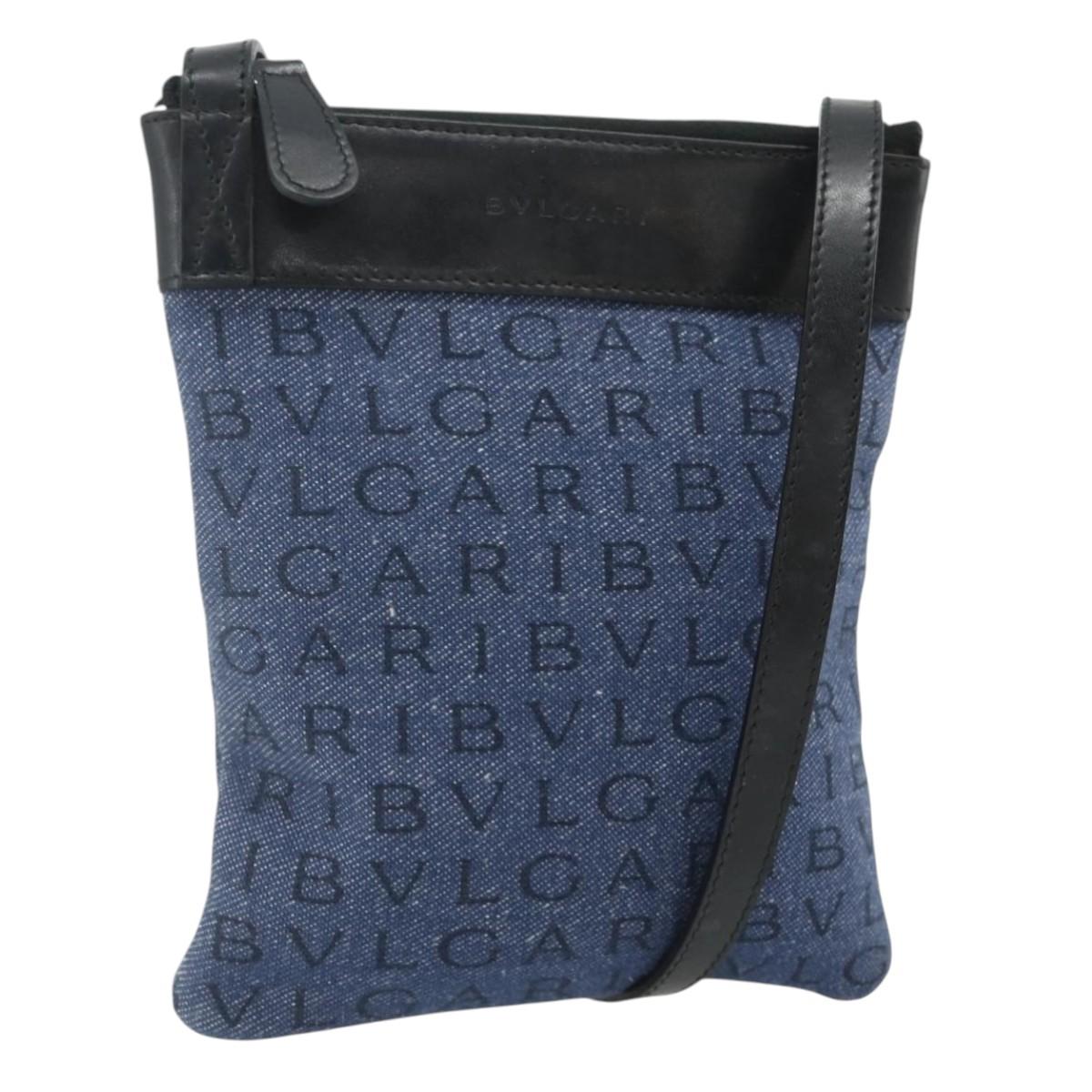 BVLGARI Logo Mania Shoulder Bag Denim Blue Silver Auth bs35006