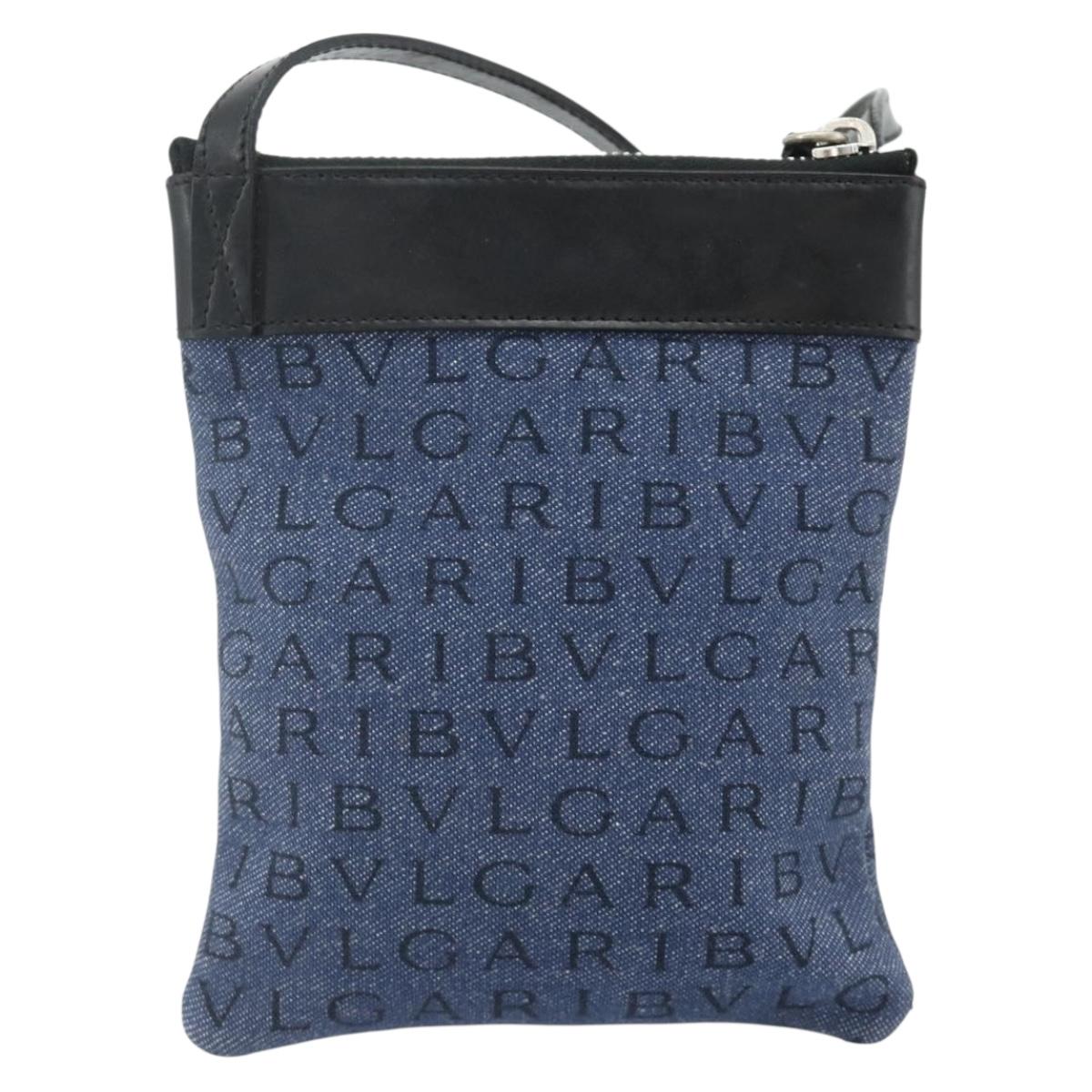 BVLGARI Logo Mania Shoulder Bag Denim Blue Silver Auth bs35006