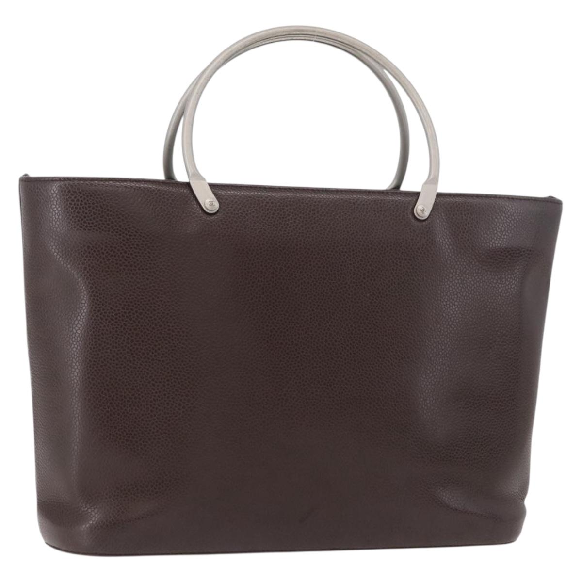 CHANEL Hand Bag Leather Brown Silver CC Auth bs35014A