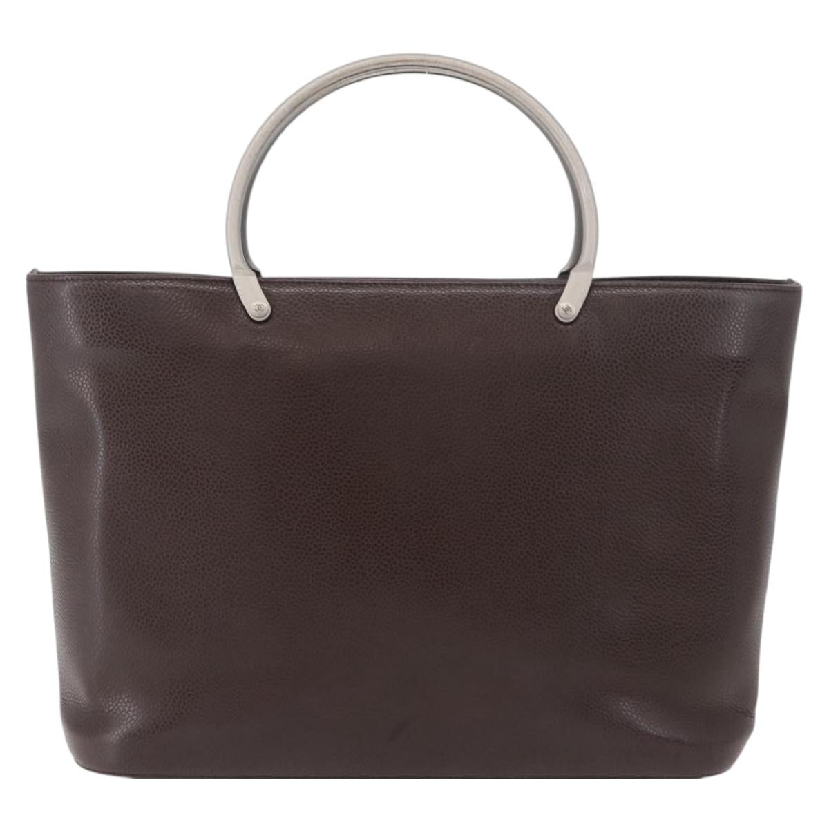 CHANEL Hand Bag Leather Brown Silver CC Auth bs35014A