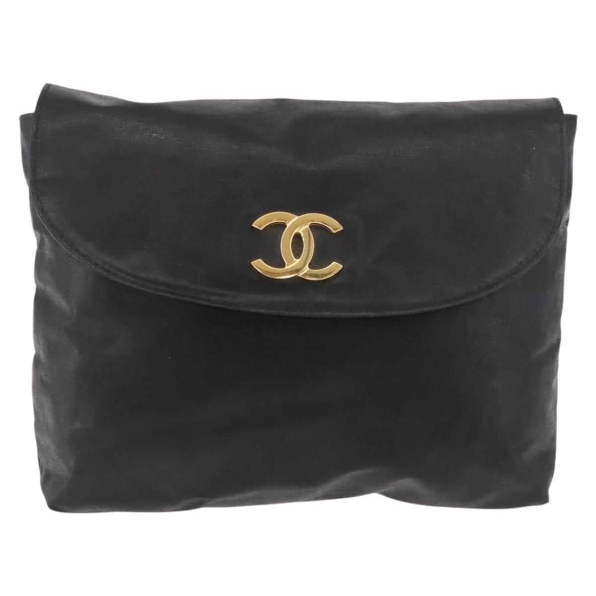 CHANEL Pouch Coated Canvas Black Gold CC Auth bs35024