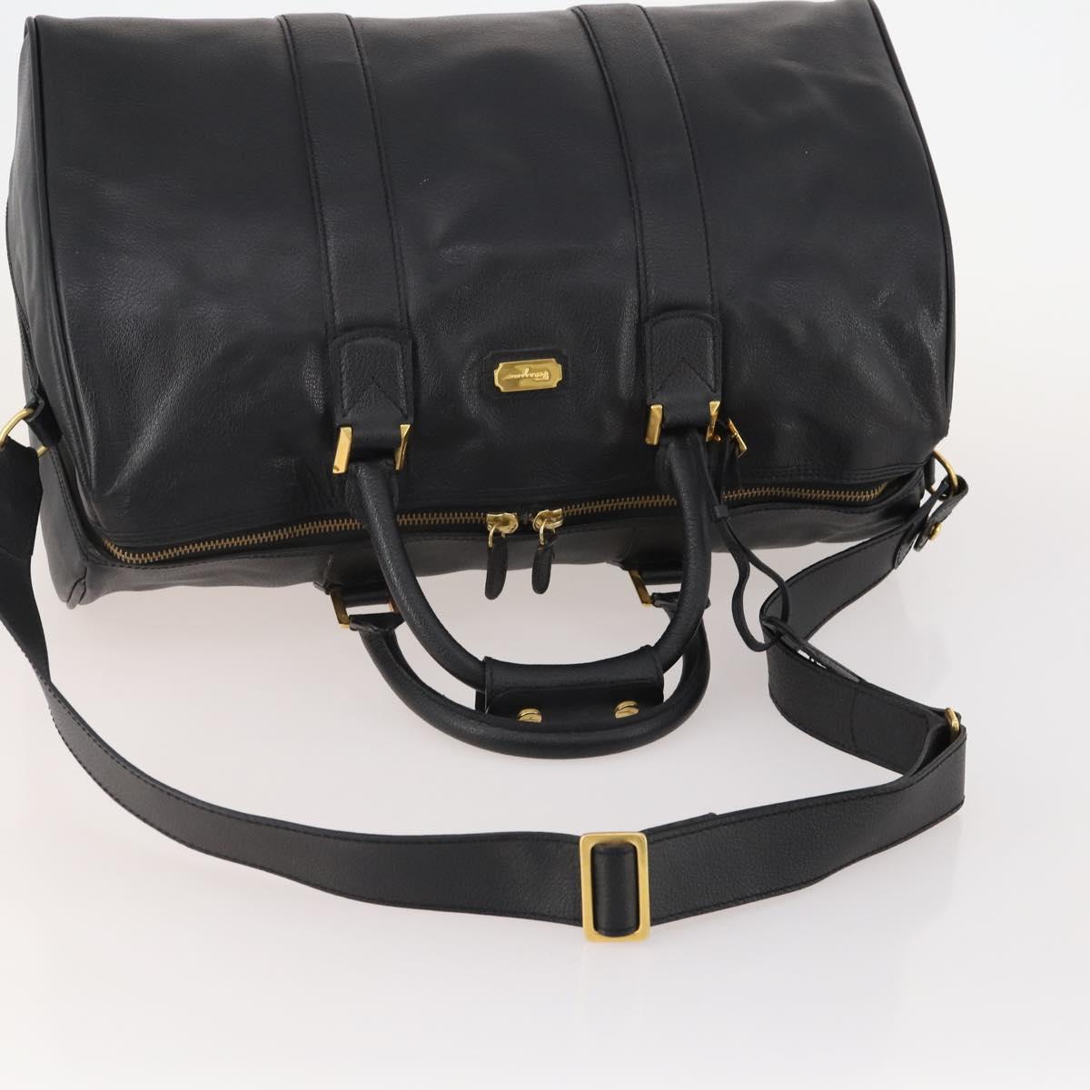 Salvatore Ferragamo Boston Bag Leather 2way Black Gold Auth bs35026A
