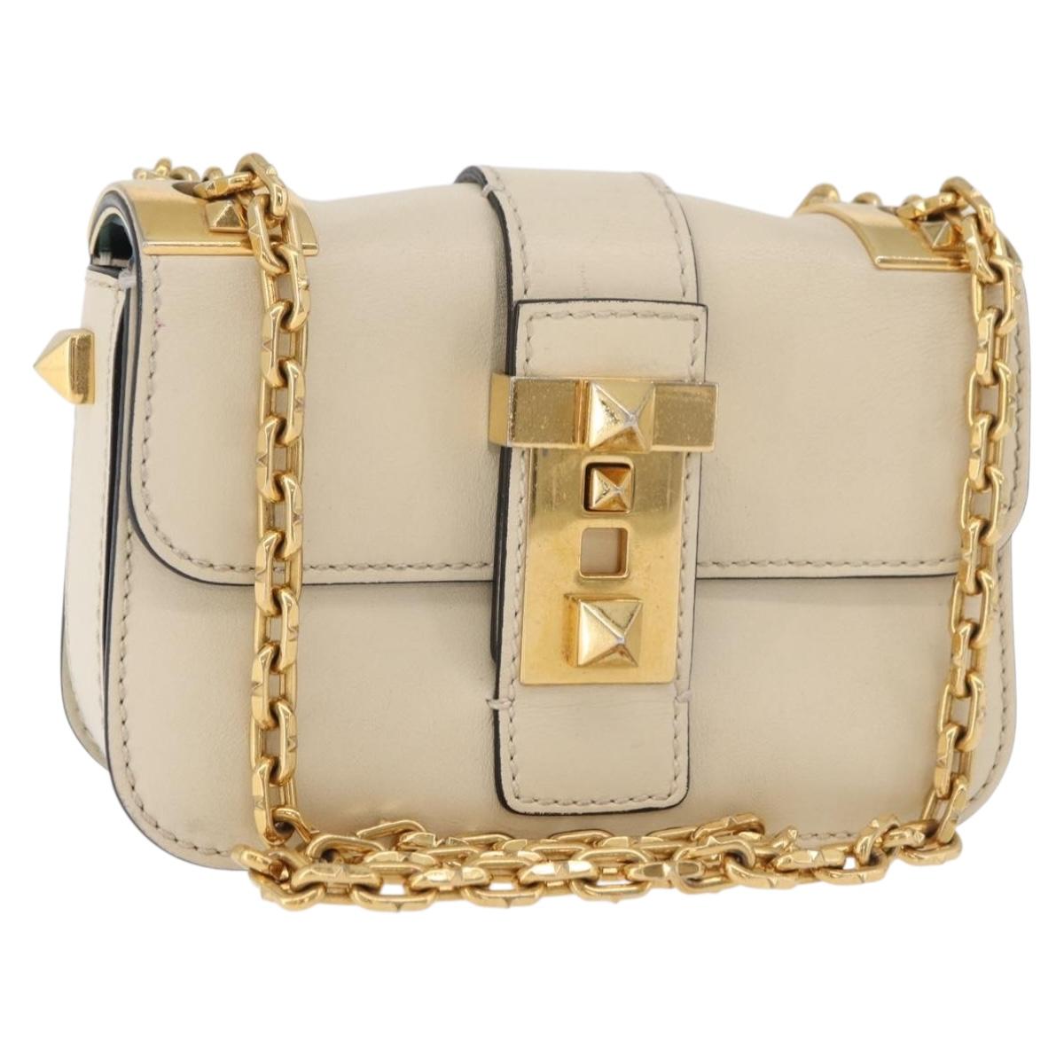 VALENTINO Chain Shoulder Bag Leather Ivory Gold Auth bs35039A