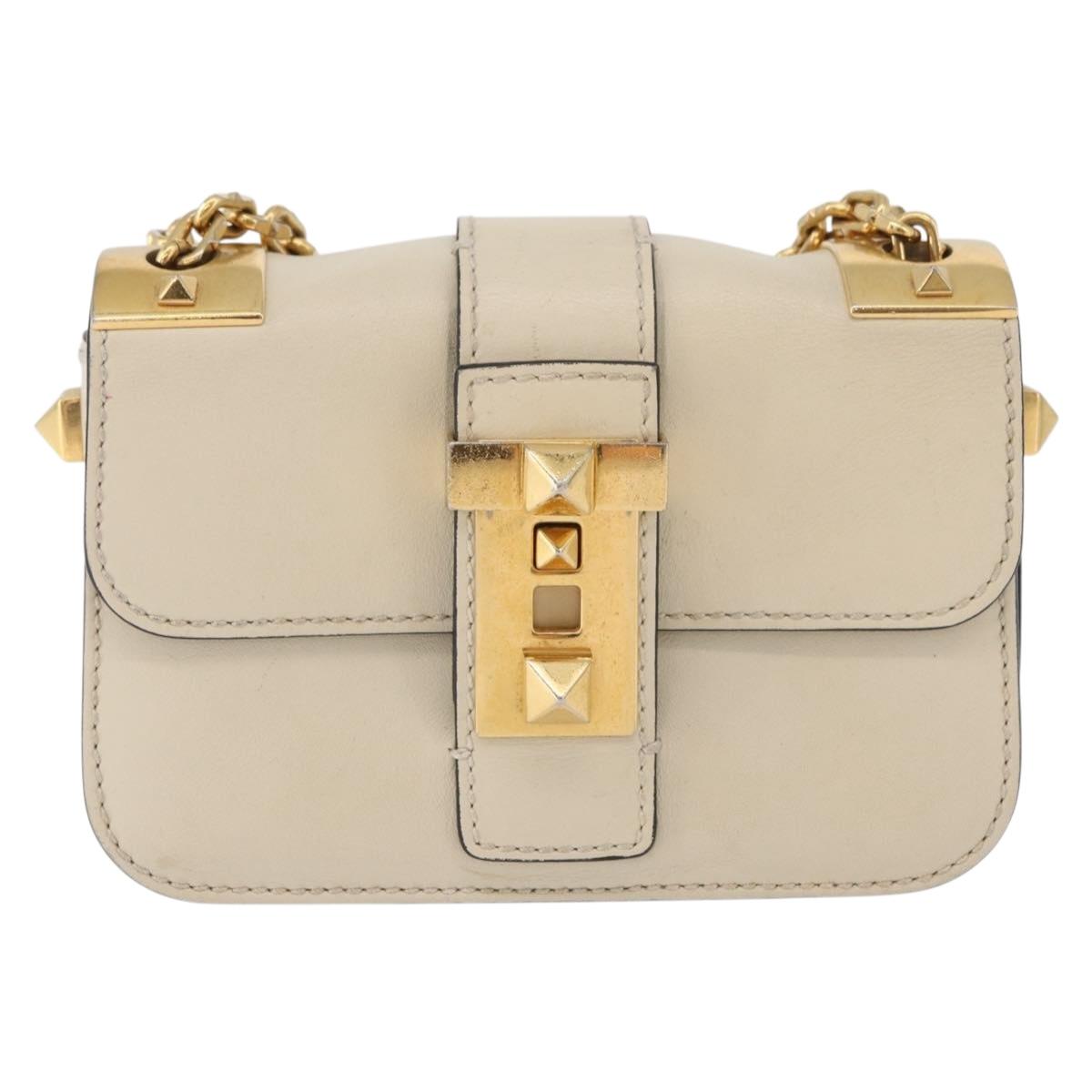 VALENTINO Chain Shoulder Bag Leather Ivory Gold Auth bs35039A