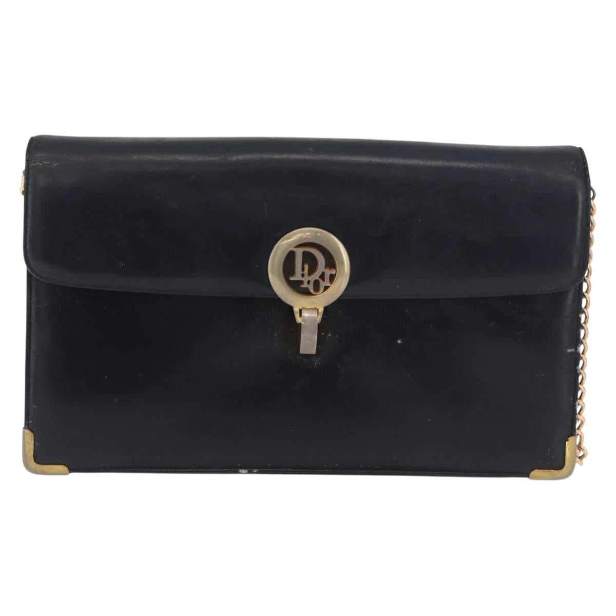 Christian Dior Chain Shoulder Bag Leather Navy Gold Auth bs35041