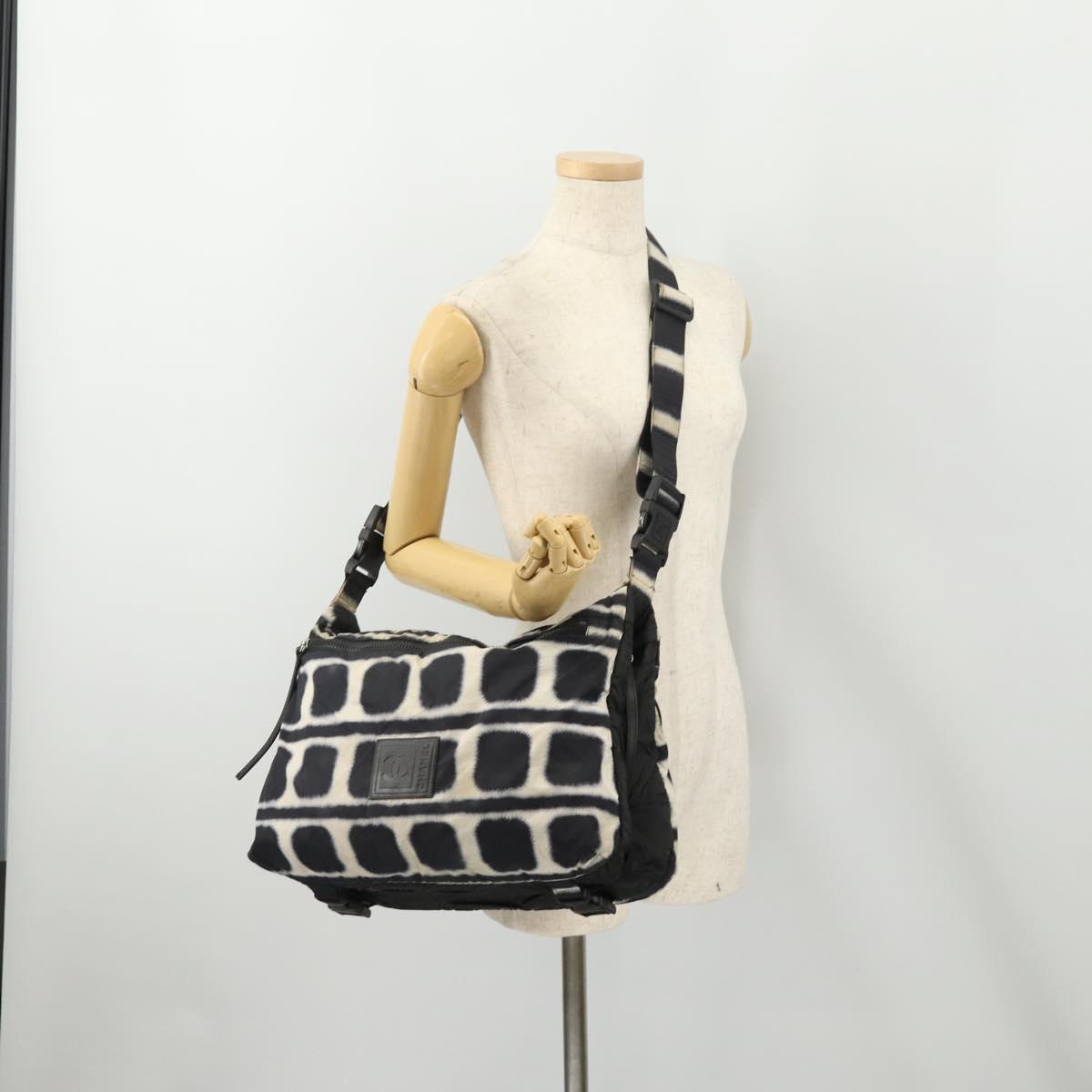 CHANEL Sports Line Reversible Shoulder Bag Nylon Black Silver CC Auth bs35056