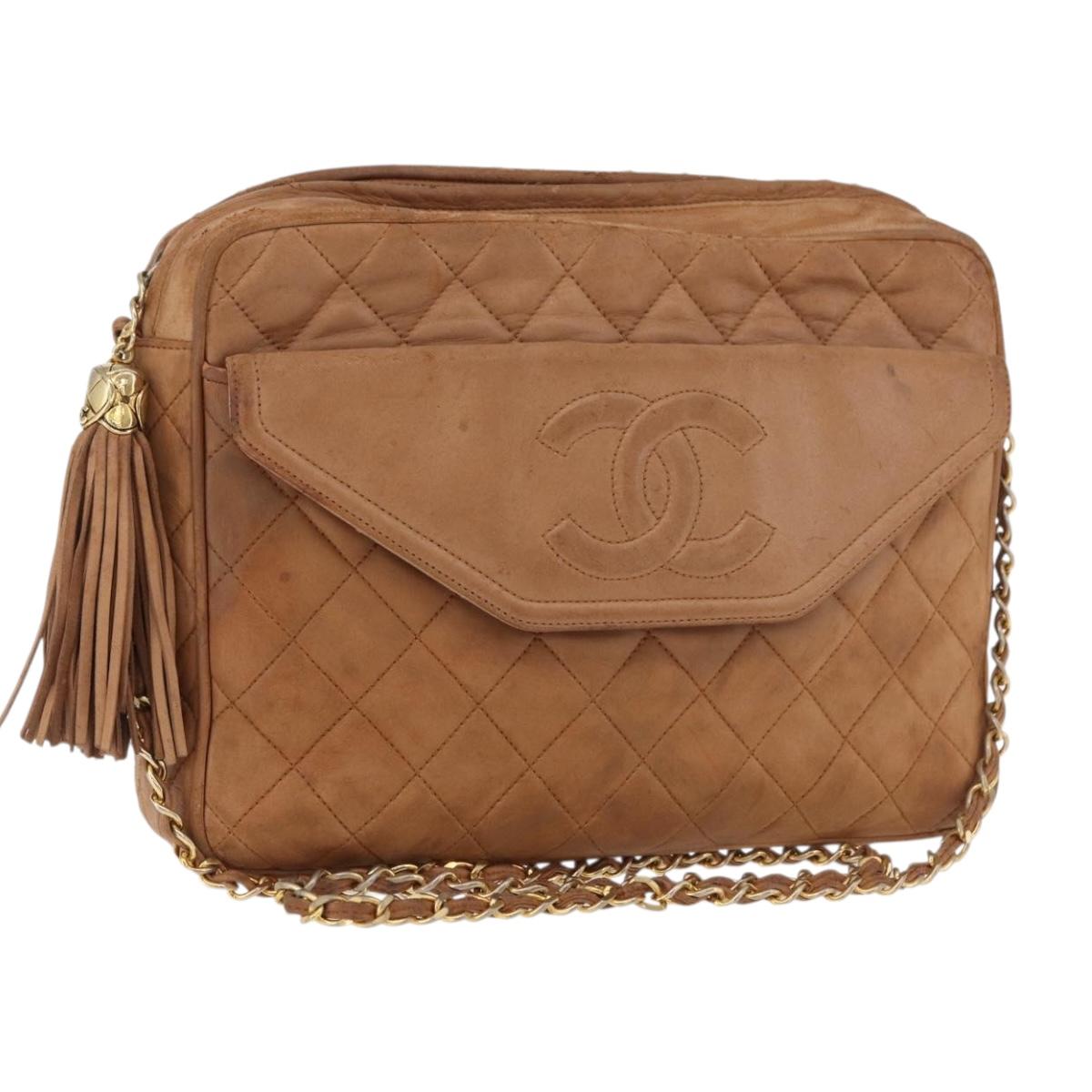 CHANEL Matelasse Chain Shoulder Bag Lamb Skin Brown Gold CC Auth bs35057