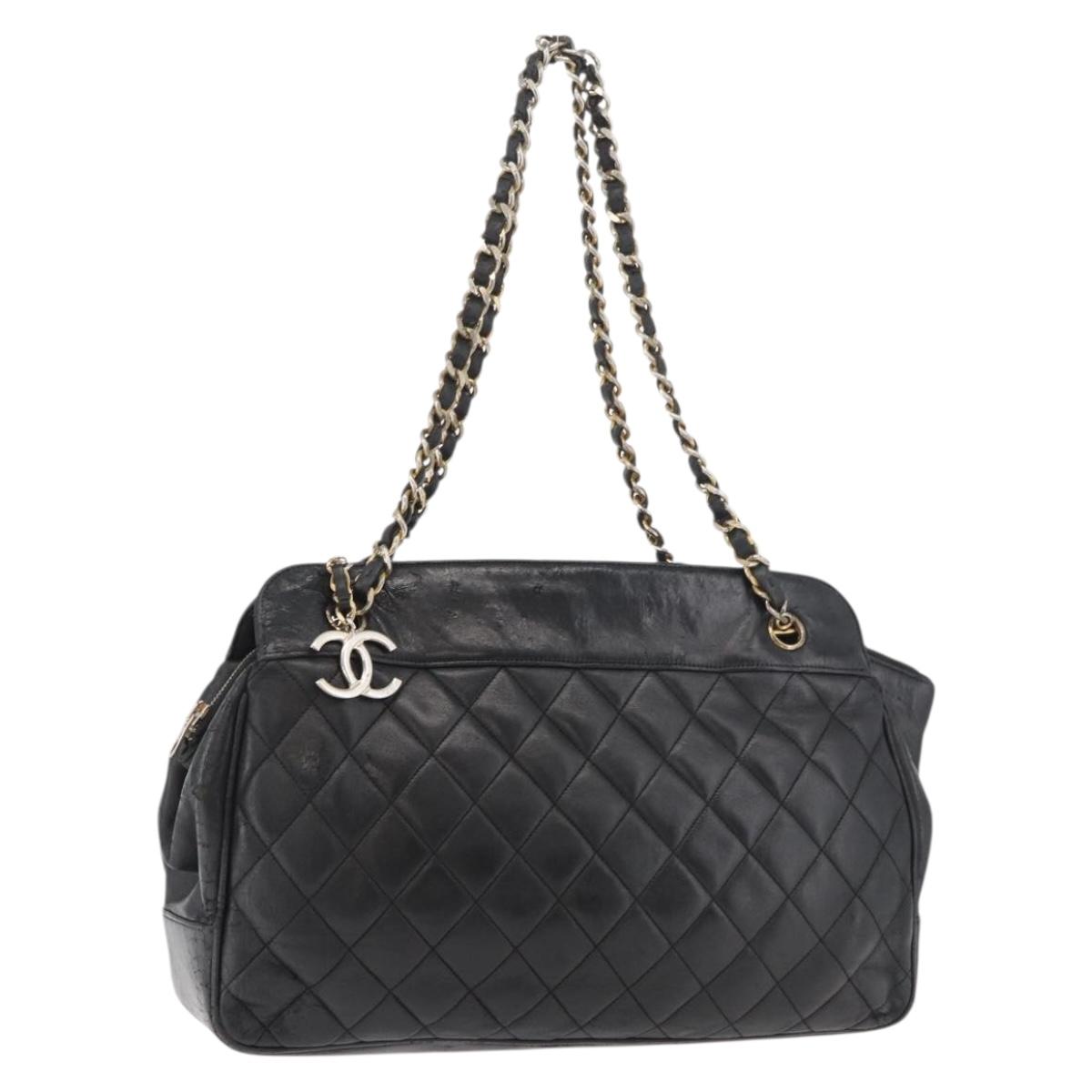 CHANEL Chain Shoulder Bag Lamb Skin Black Gold CC Auth bs35059