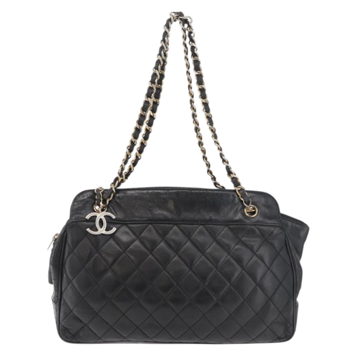 CHANEL Chain Shoulder Bag Lamb Skin Black Gold CC Auth bs35059