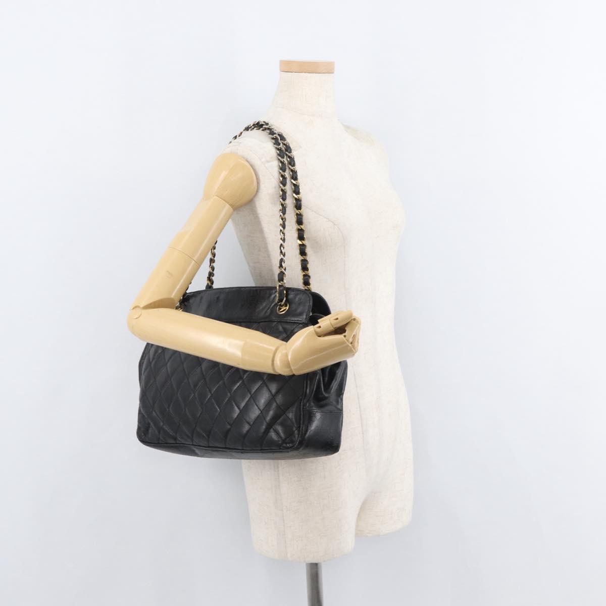 CHANEL Chain Shoulder Bag Lamb Skin Black Gold CC Auth bs35059