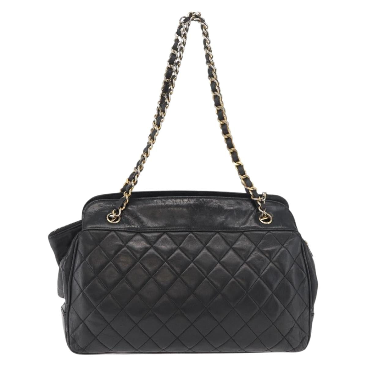 CHANEL Chain Shoulder Bag Lamb Skin Black Gold CC Auth bs35059