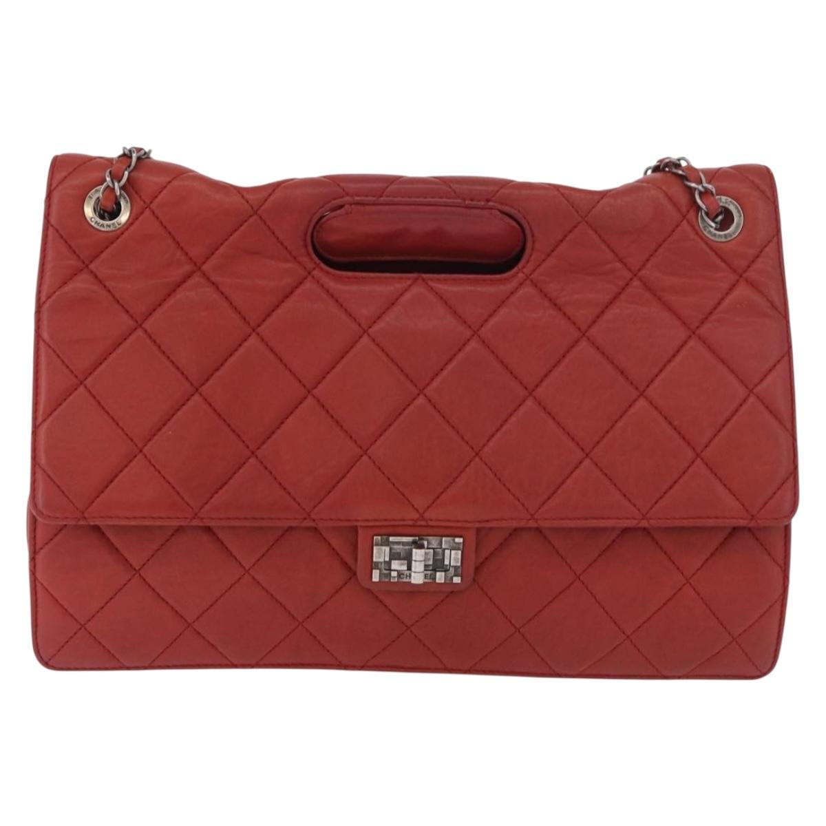 CHANEL Chain Matelasse 2.55 Shoulder Bag Lamb Skin Red Silver CC Auth bs35062V