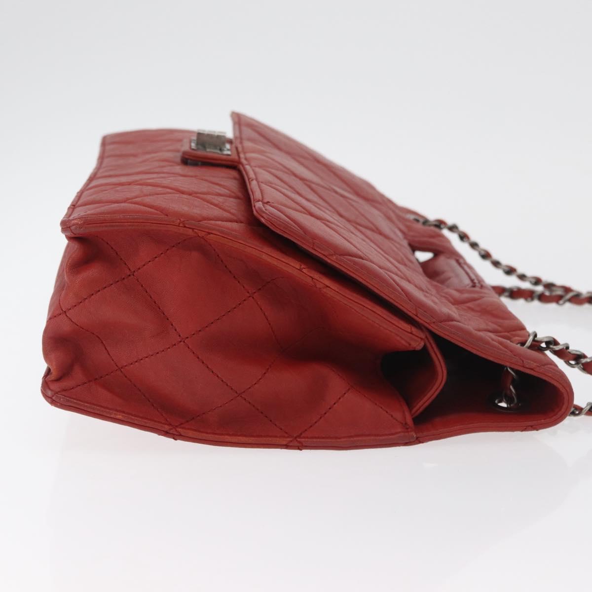 CHANEL Chain Matelasse 2.55 Shoulder Bag Lamb Skin Red Silver CC Auth bs35062V