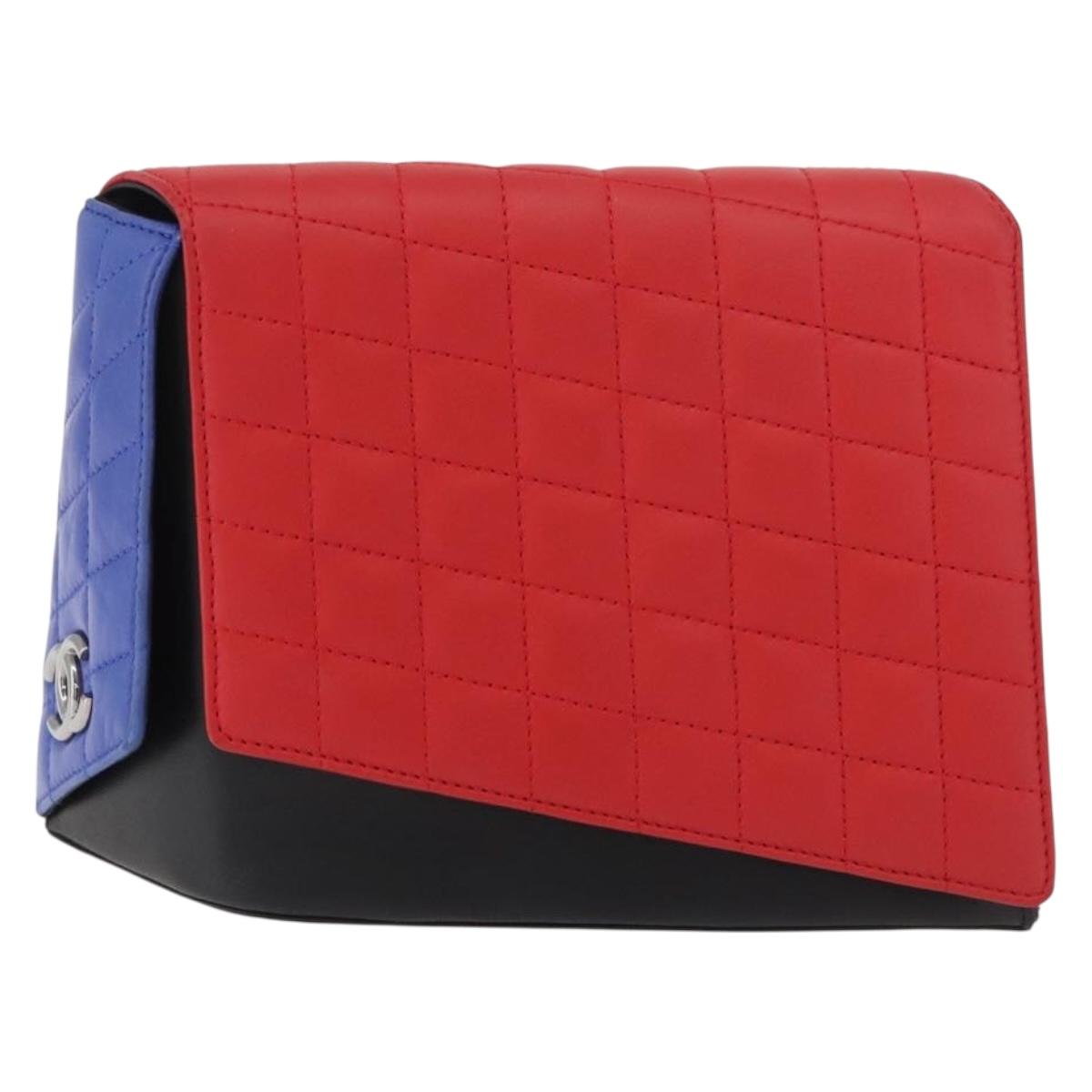 CHANEL Matelasse Clutch Bag Lamb Skin Red Silver CC Auth bs35064SAM