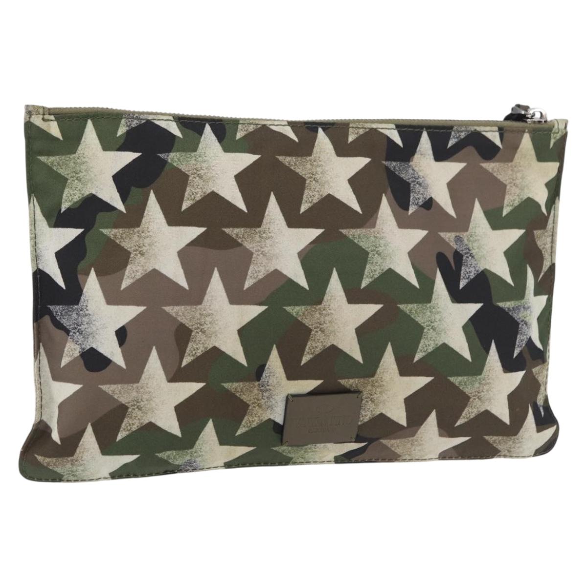 VALENTINO Camouflage Clutch Bag Nylon Khaki Silver Auth bs35068A