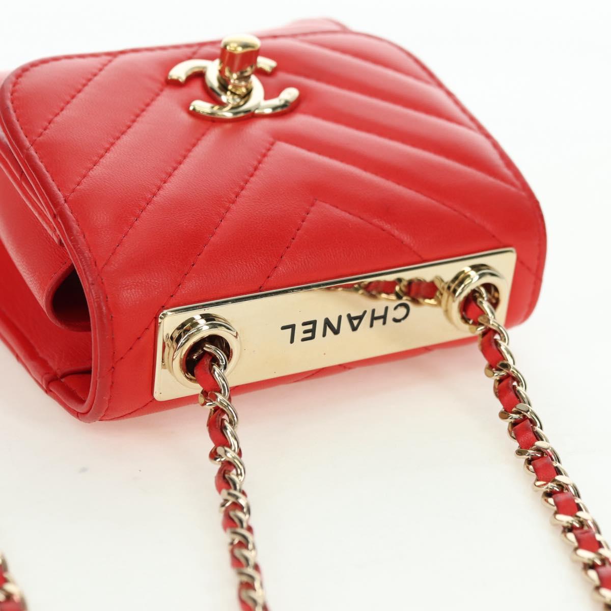 CHANEL V Stitch Shoulder Bag Lamb Skin Gold Red CC Auth bs35072M