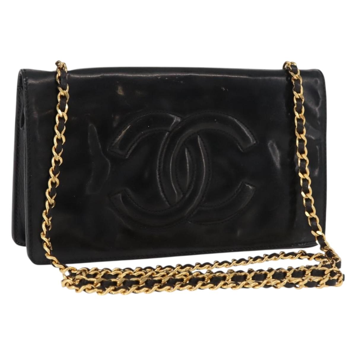 CHANEL Chain Wallet Patent leather Black Silver CC Auth bs35074