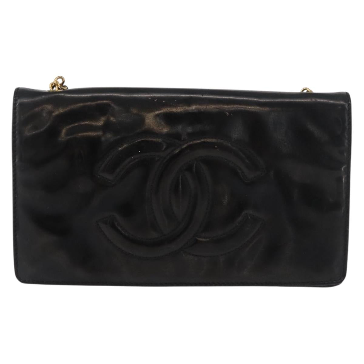 CHANEL Chain Wallet Patent leather Black Silver CC Auth bs35074