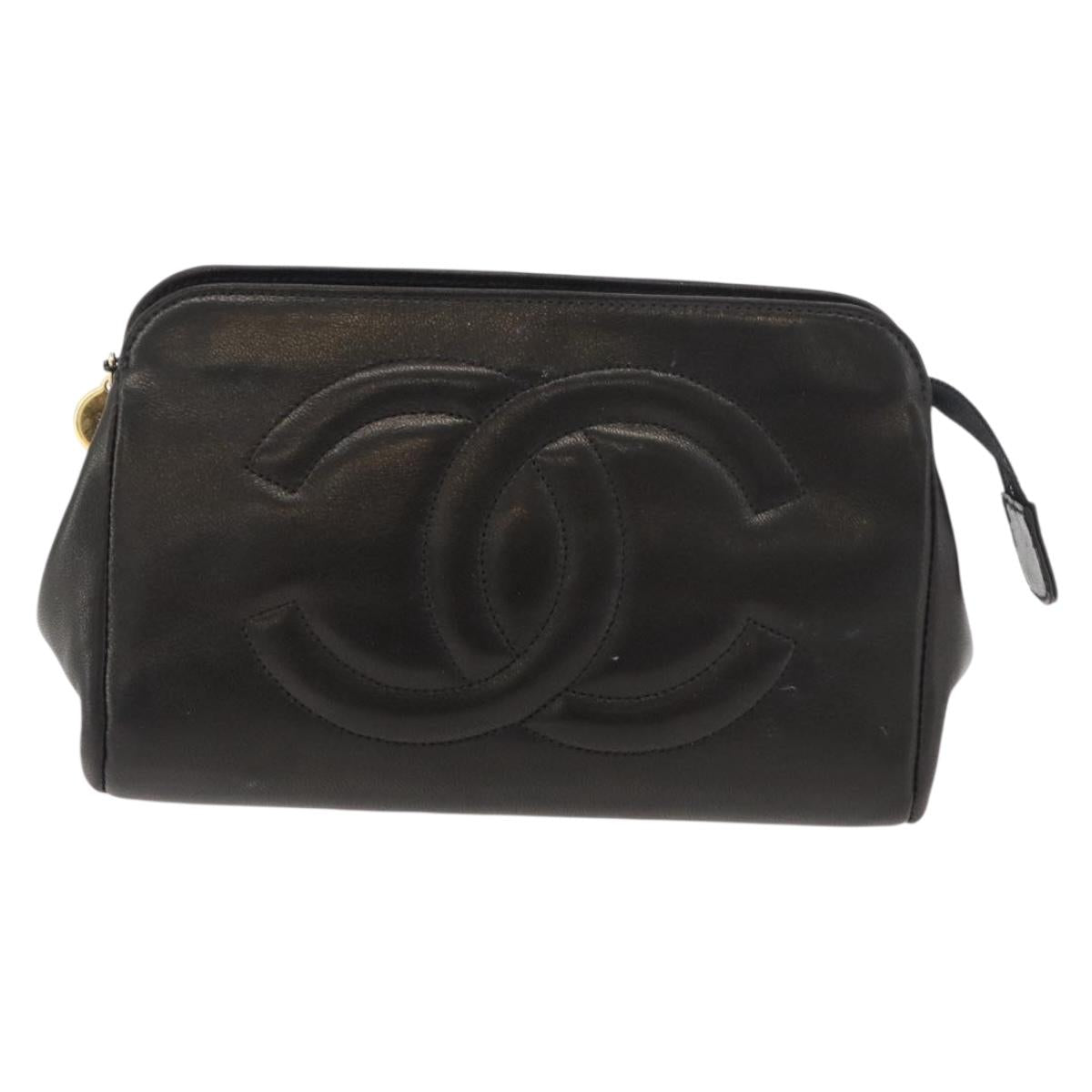 CHANEL Pouch Lamb Skin Black Gold CC Auth bs35075