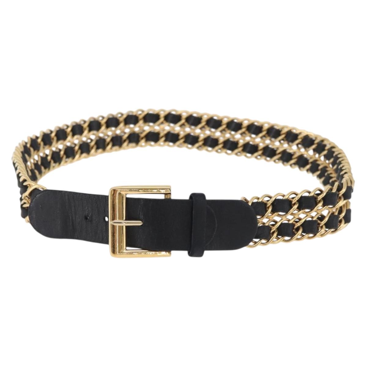 CHANEL Chain Belt Leather 29.5"" Black CC Auth bs35077
