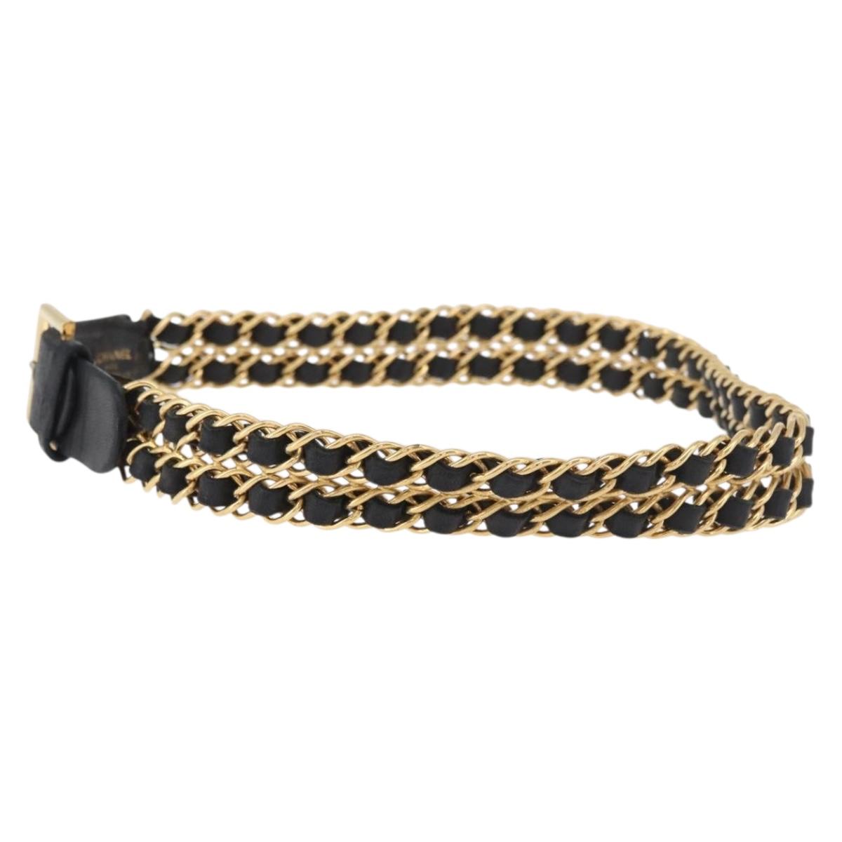CHANEL Chain Belt Leather 29.5"" Black CC Auth bs35077